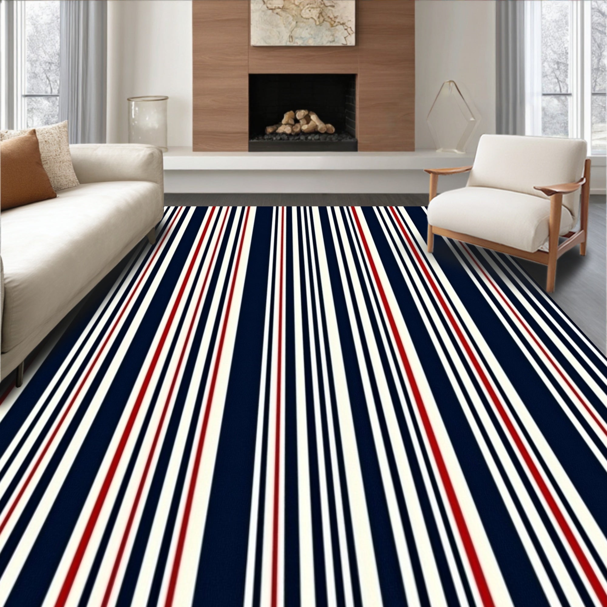 Classic Navy Red White Stripes Rug