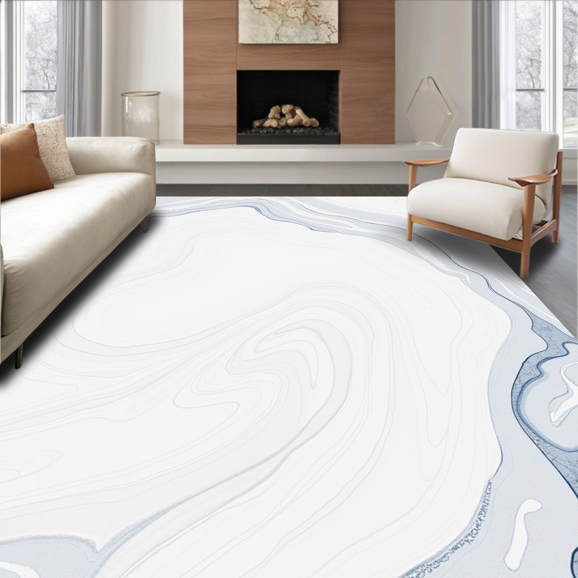 Abstract Blue Marble Swirl Design Rug