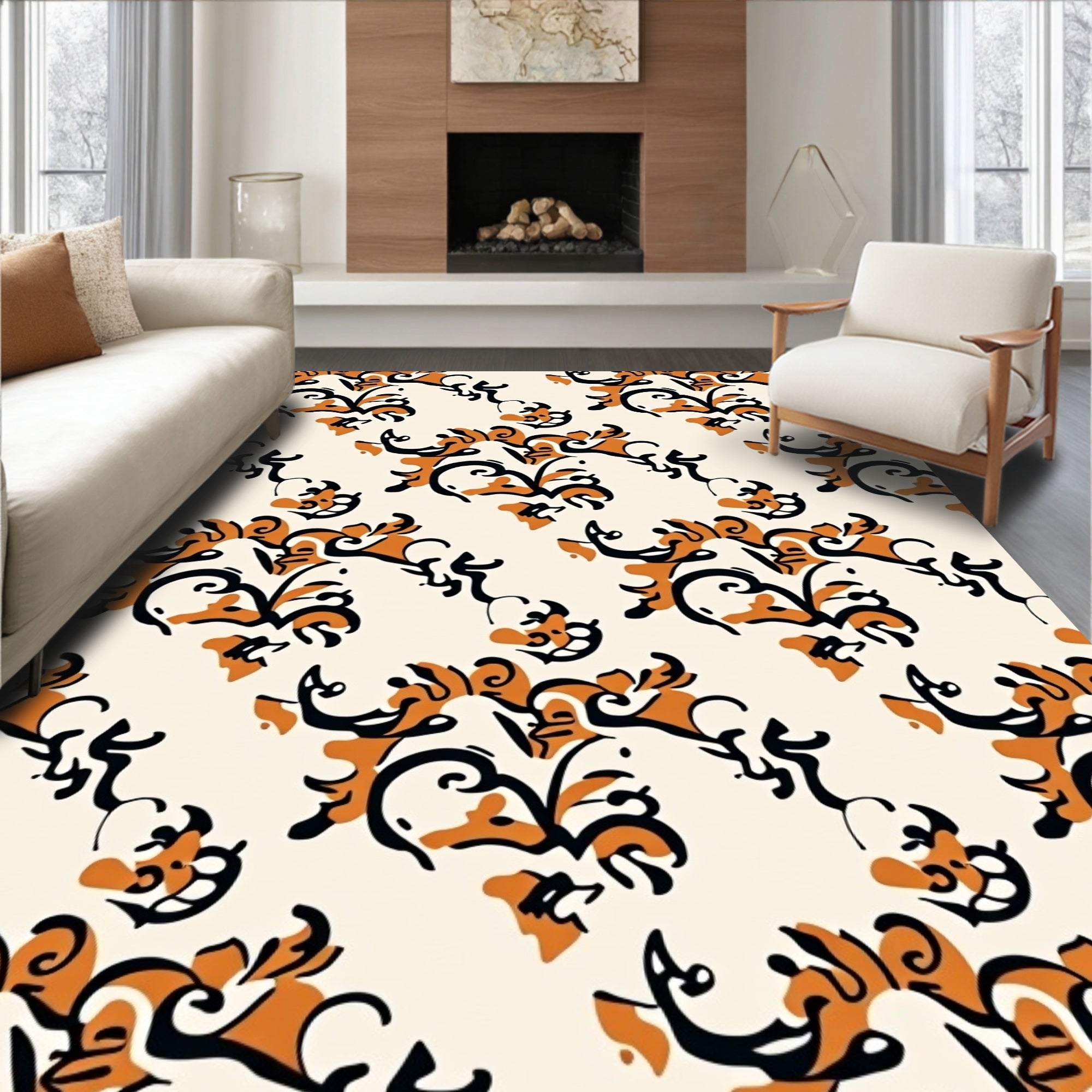 Elegant Orange Black Flourish Pattern Rug