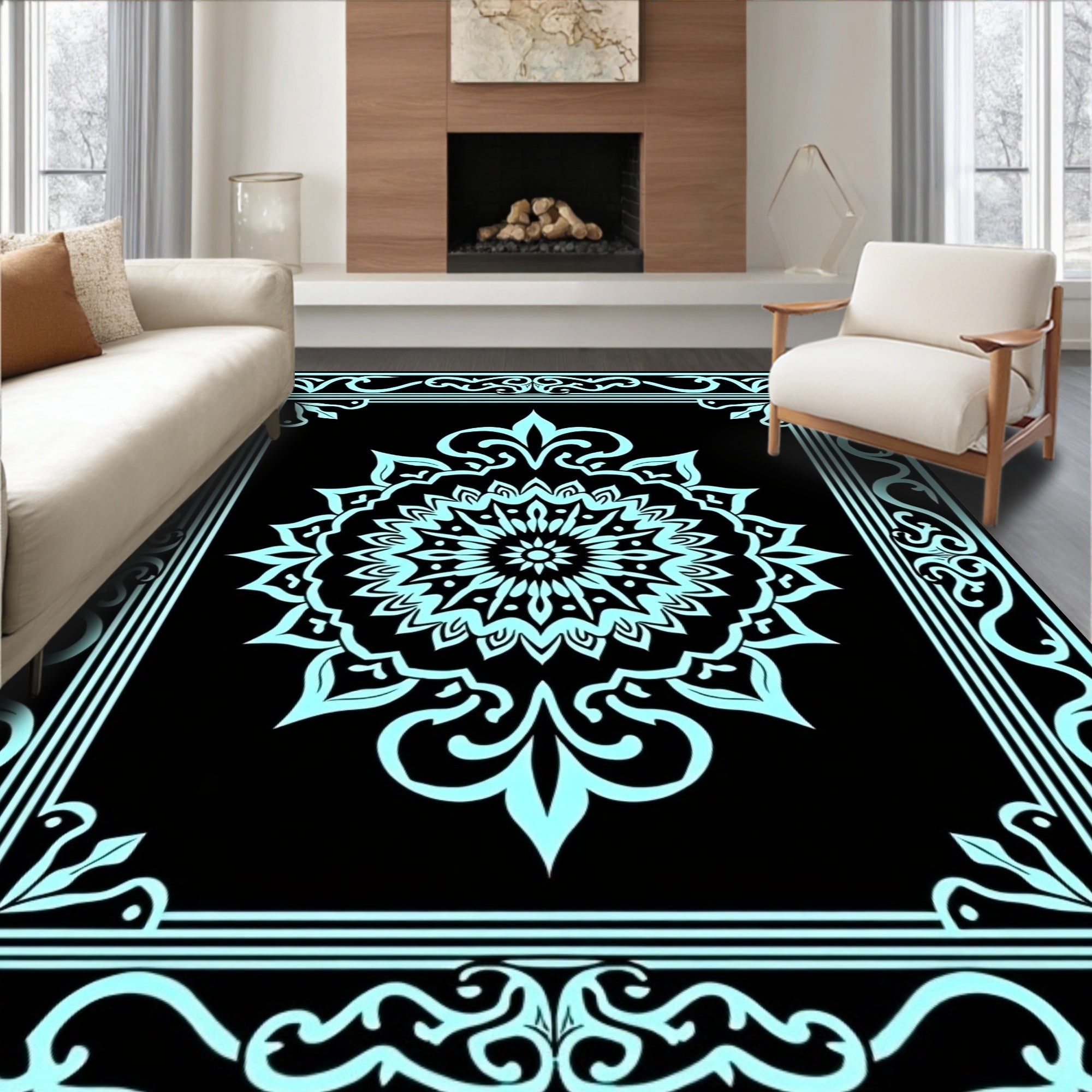 Aqua Floral Mandala With Outer Border Rug