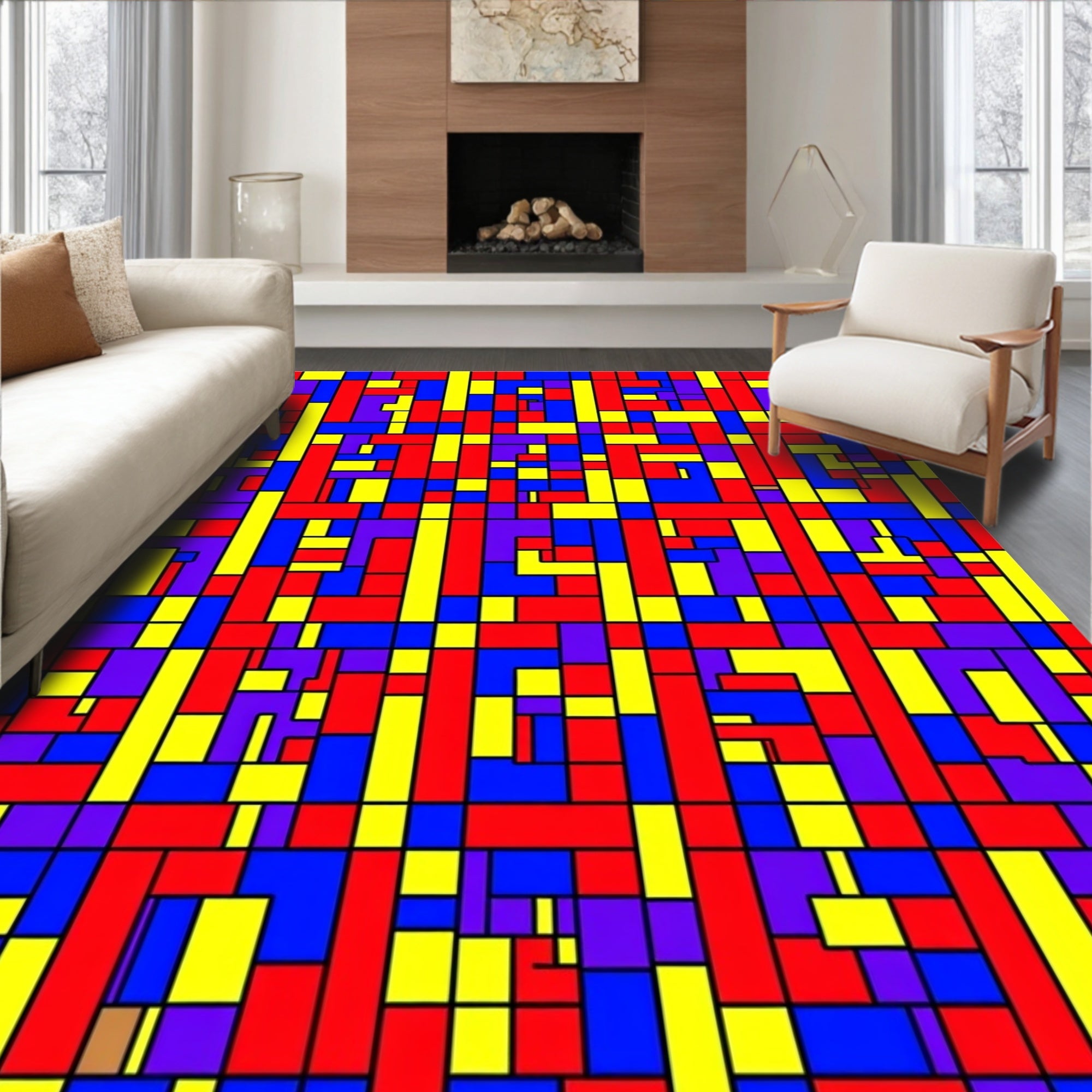 Abstract Red Blue Yellow Geometric Pattern Rug