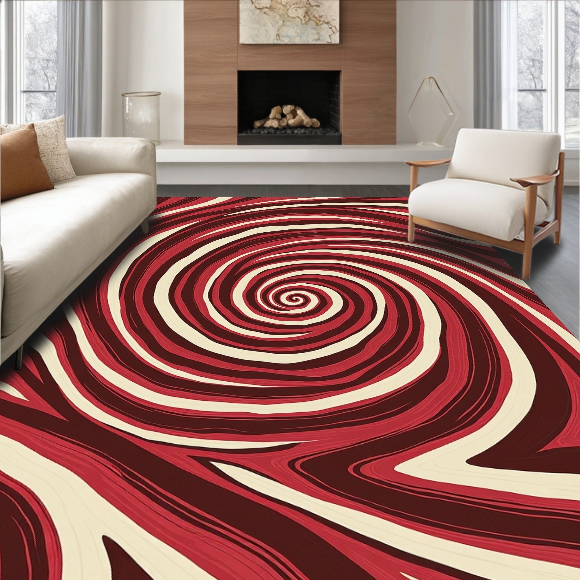 Red Cream Swirl Abstract Pattern Rug
