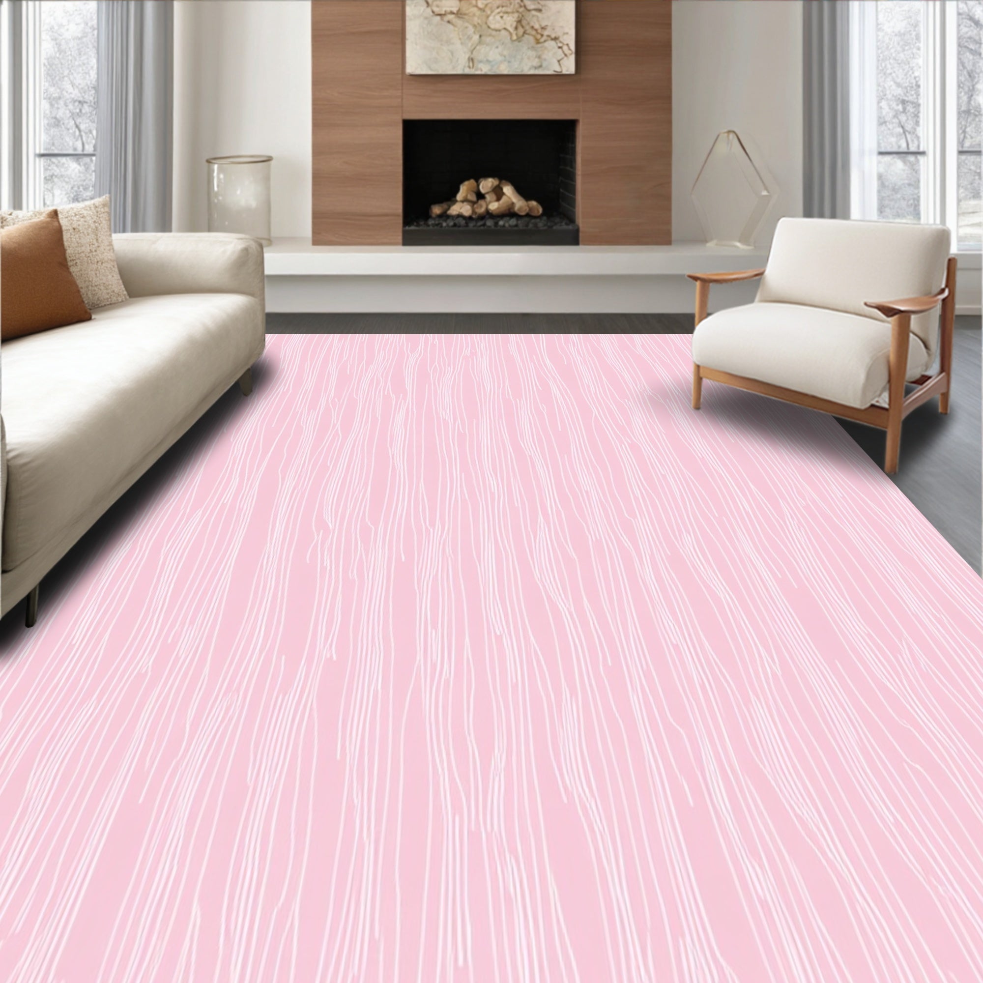 Delicate Pink White Line Art Pattern Rug