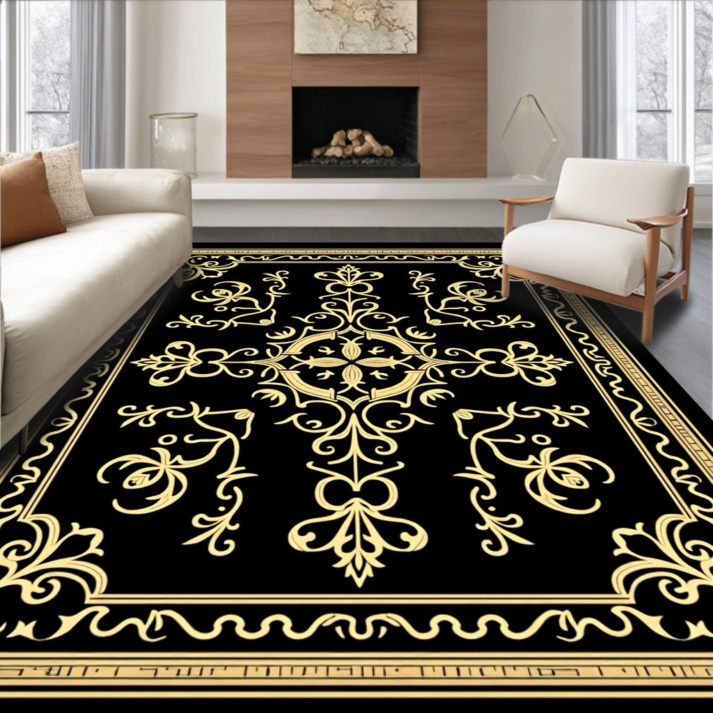 Intricate Golden Floral Border Design Rug