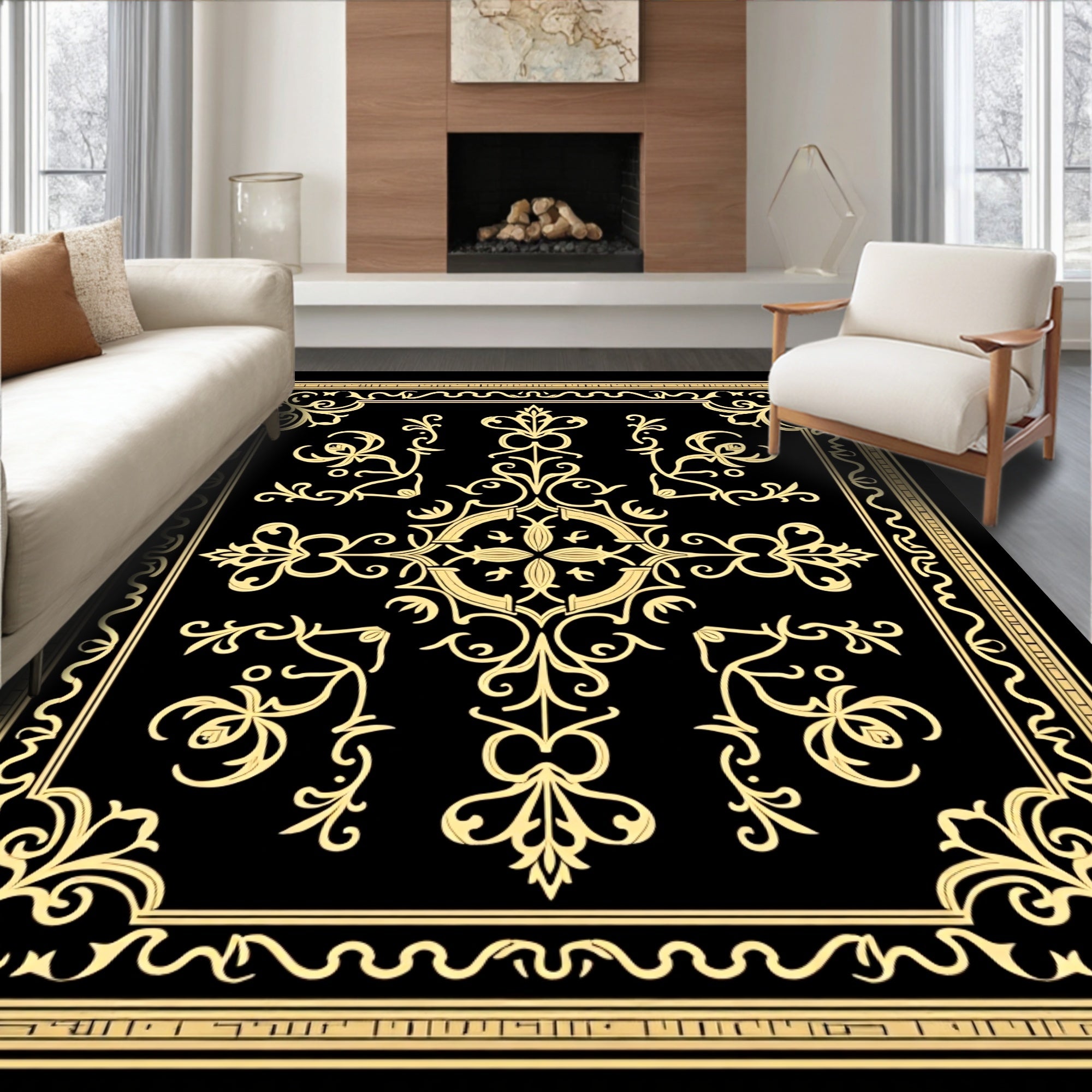 Intricate Golden Floral Border Design Rug
