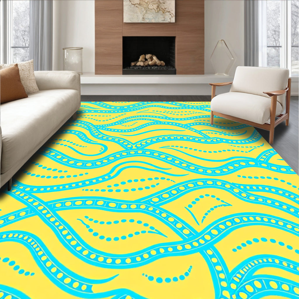Bright Yellow Aqua Wave Pattern Rug