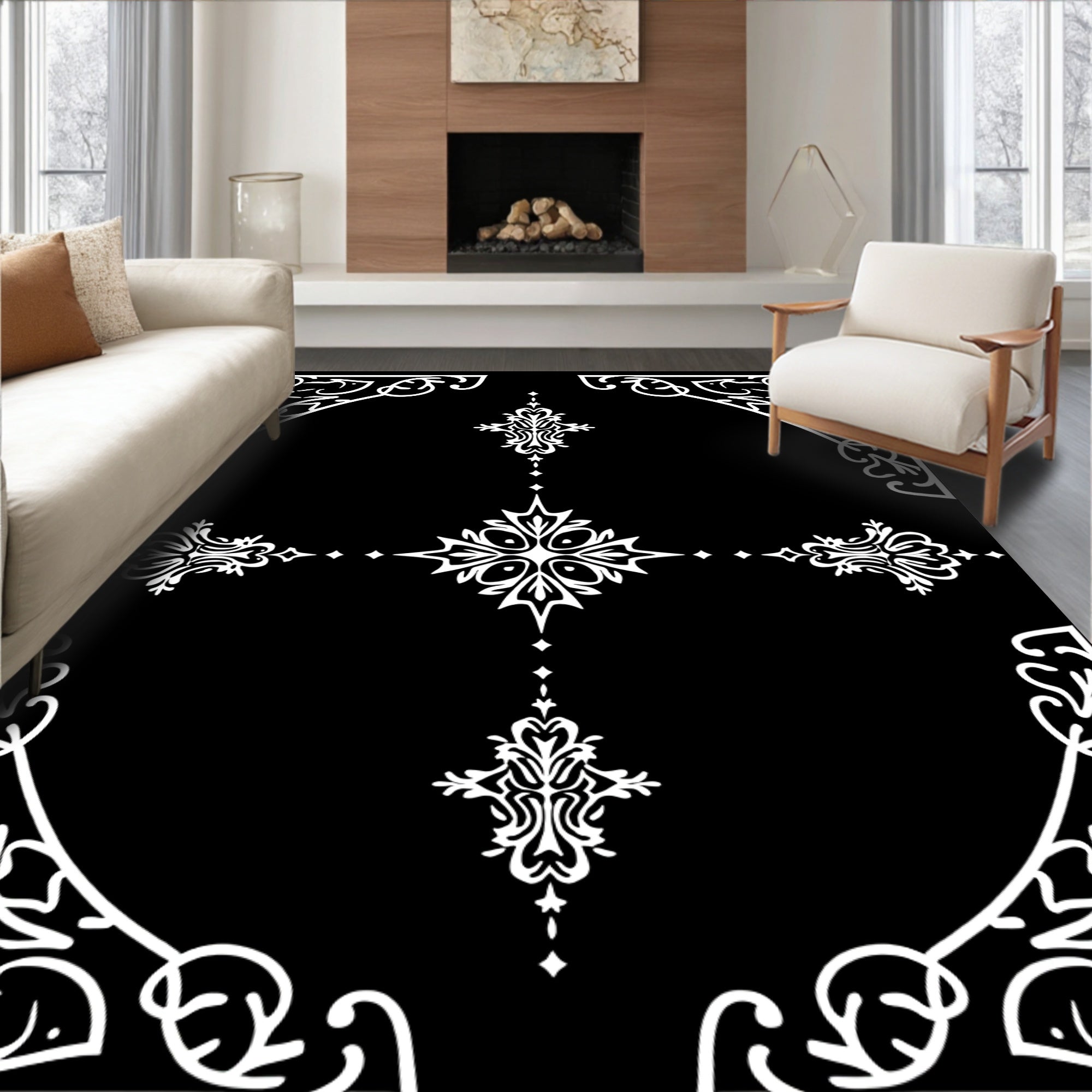 Ornate White Floral Symmetry Rug