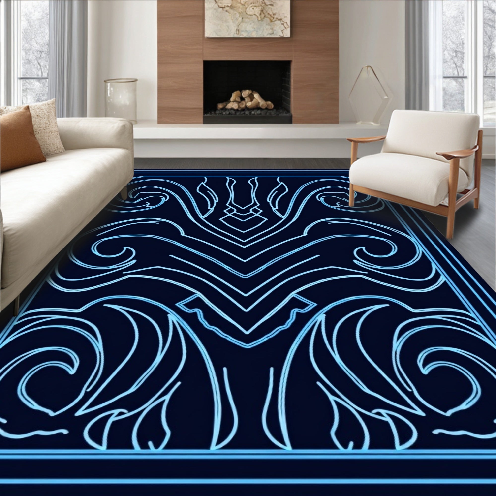 Neo-Art Deco Blue Swirl Design Rug