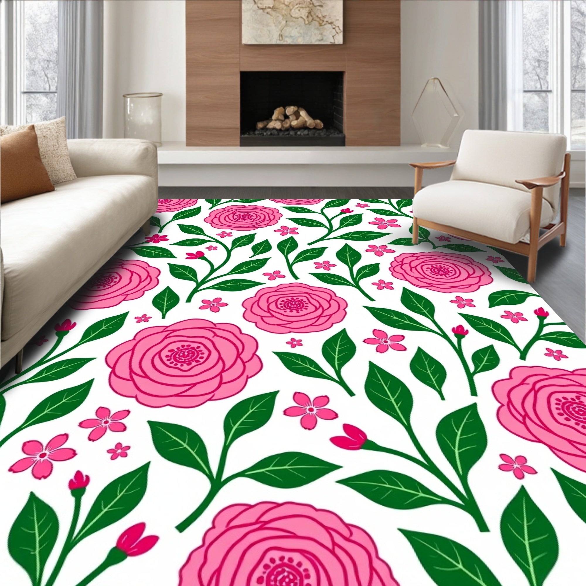 Pink Floral Branches Pattern Rug
