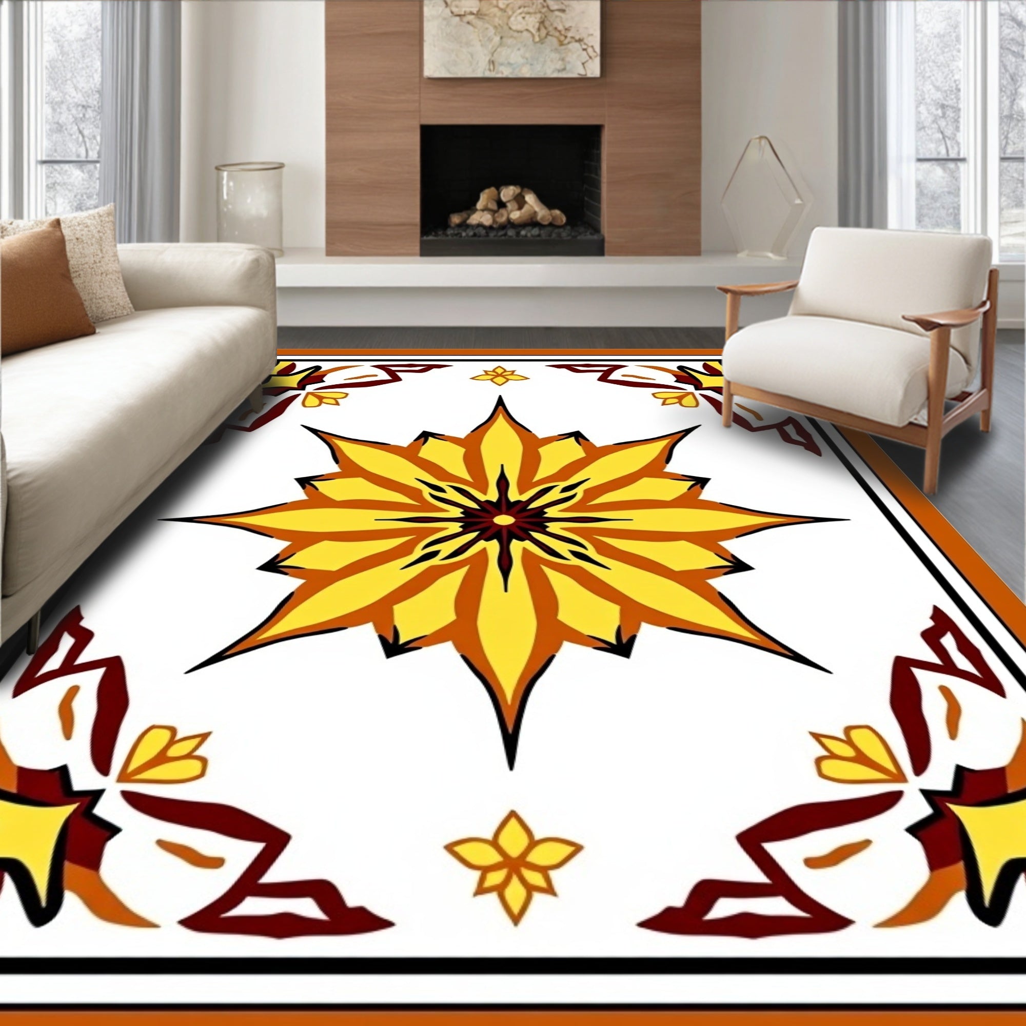 Bold Yellow Floral Starburst Pattern Rug