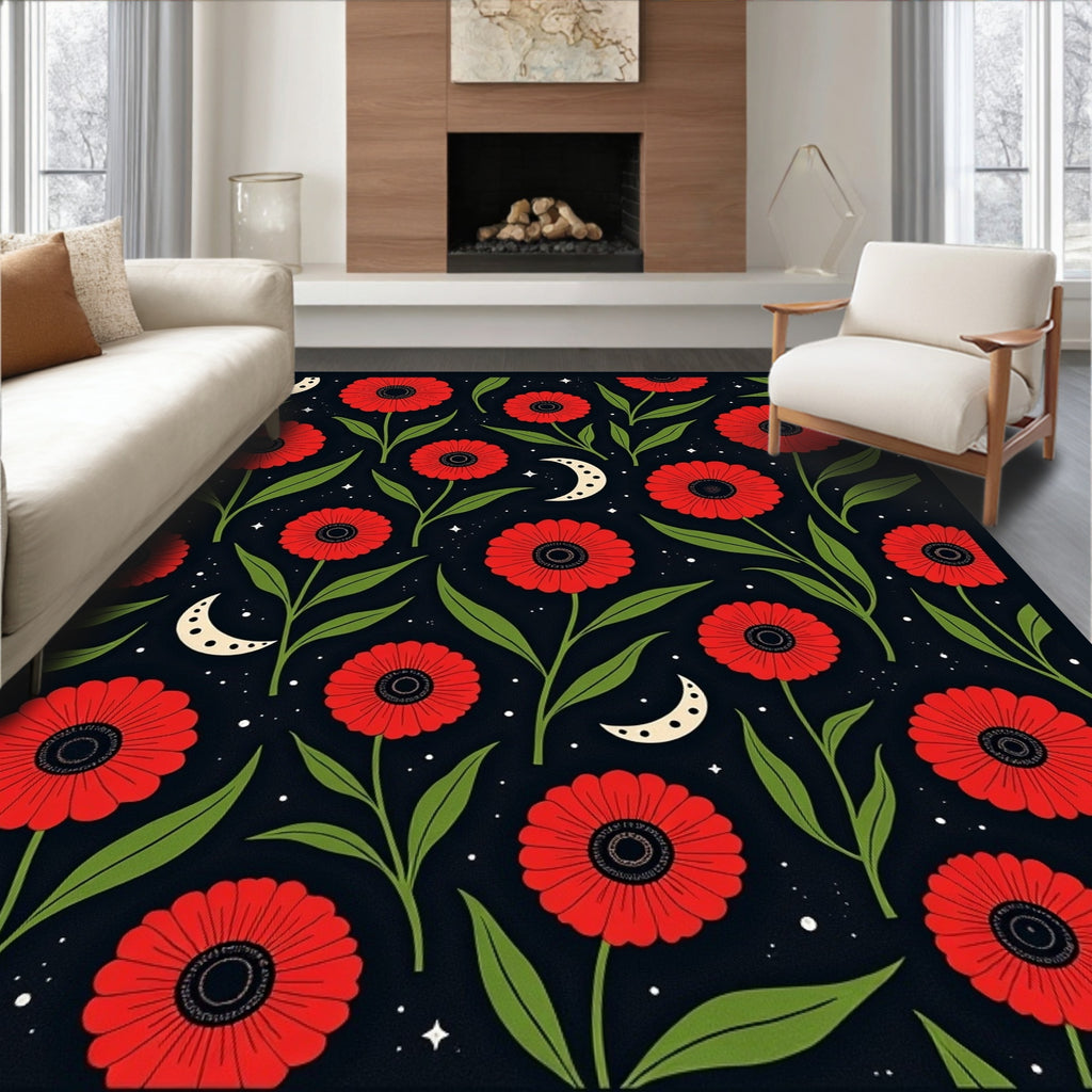 Red Floral 2 Moons Pattern Rug