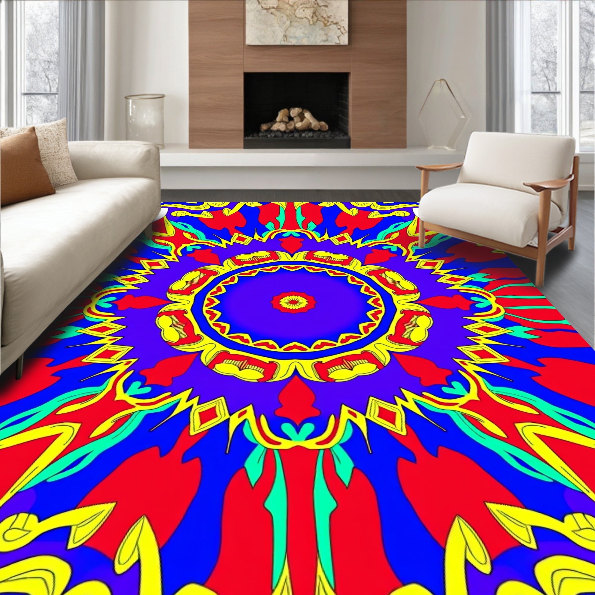 Vibrant Floral Mandala Graphic Design Rug