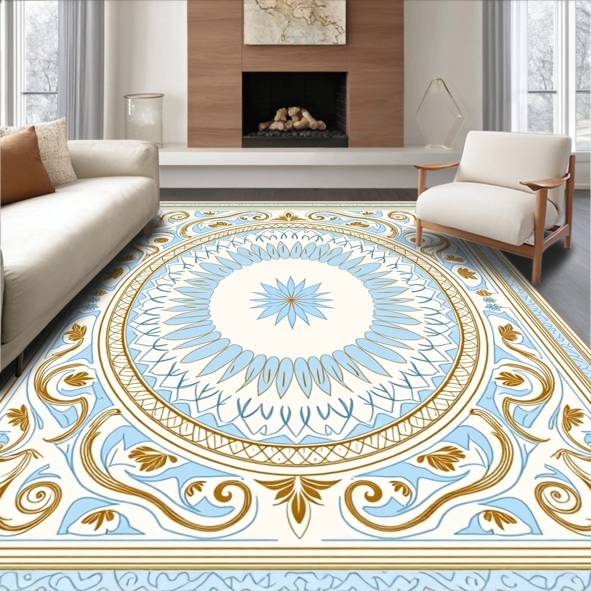Elegant Blue Gold Floral Medallion Rug