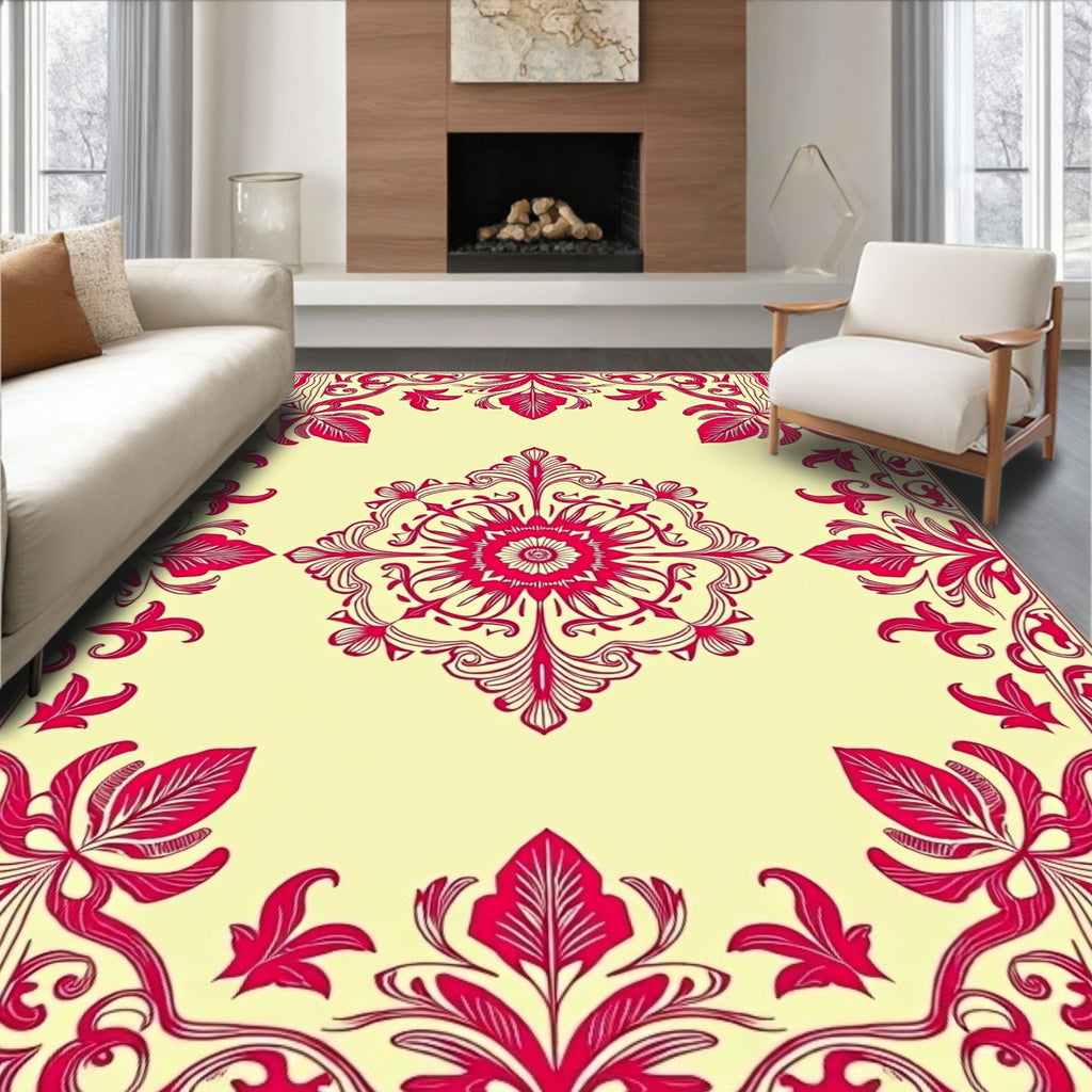 Crimson Floral Symmetry Pattern Design Rug