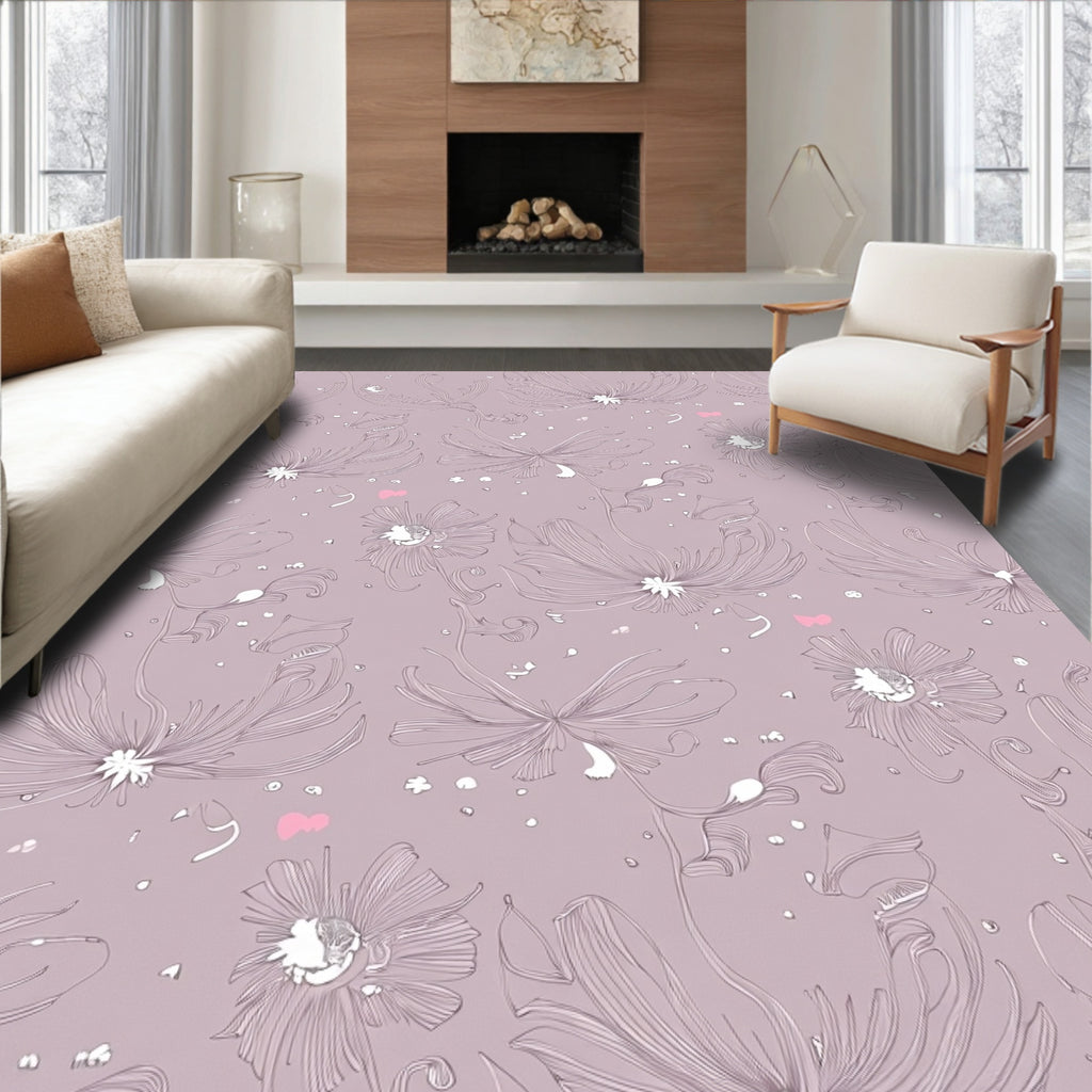 Soft Pink Floral Line Art Rug