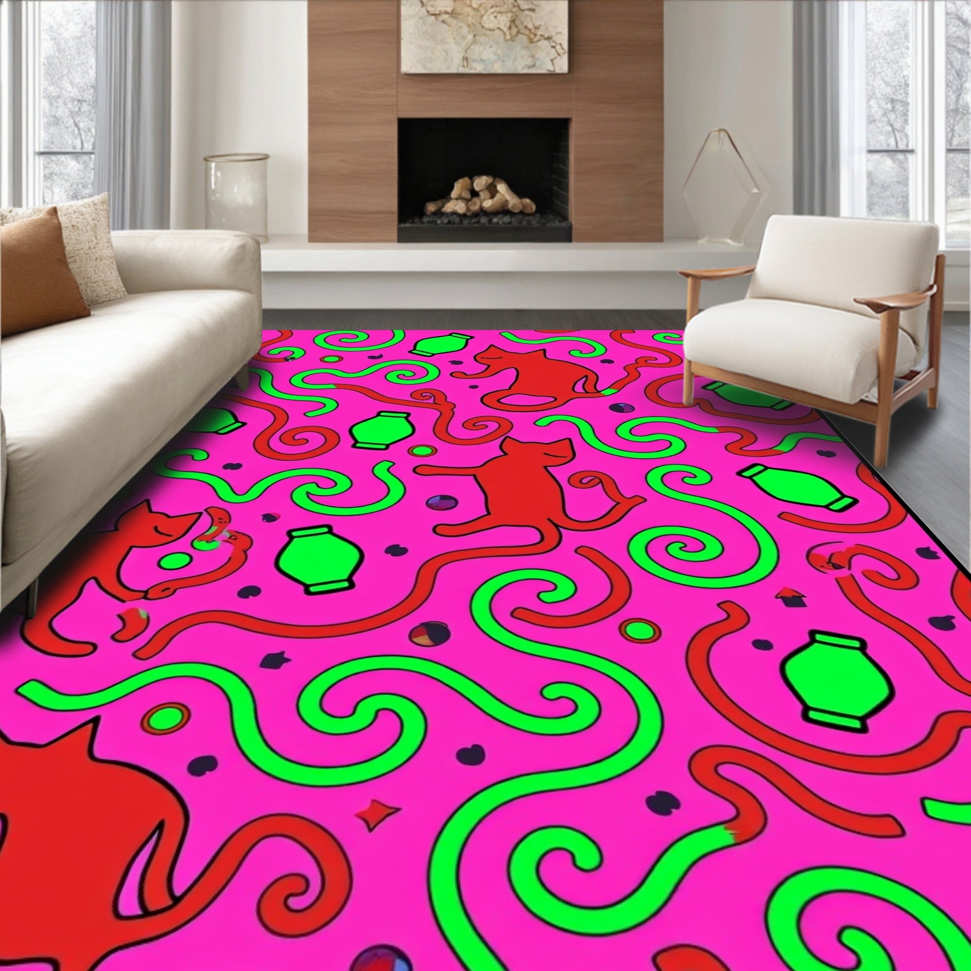 Playful Red Cats Green Swirls Pattern Rug