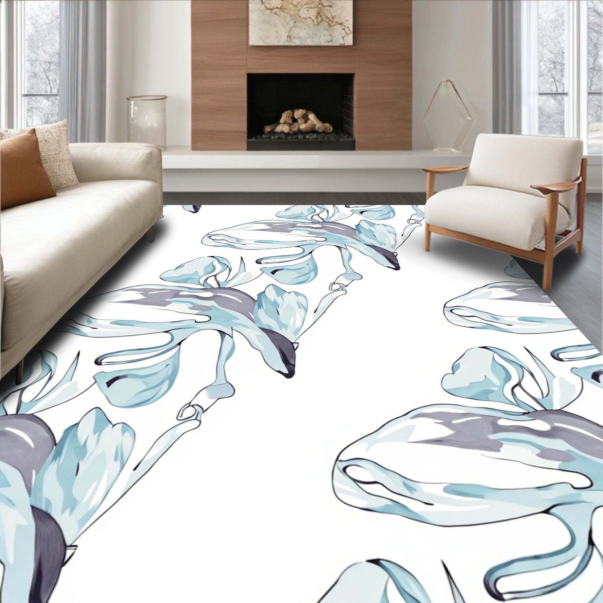 Abstract Blue White Fluid Shapes Rug