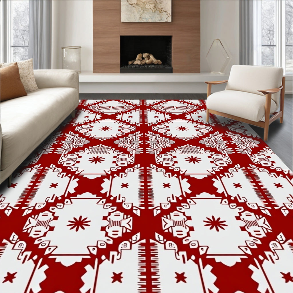 Red And White Geometric Art Deco Rug