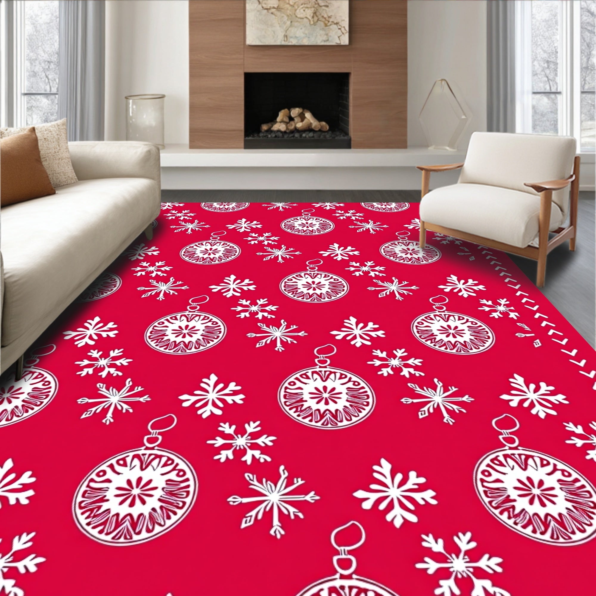 Red White Ornament Snowflake Seamless Rug