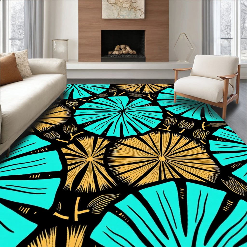 Turquoise Gold Fanburst Botanical Blackground Rug