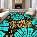 Turquoise Gold Fanburst Botanical Blackground Rug