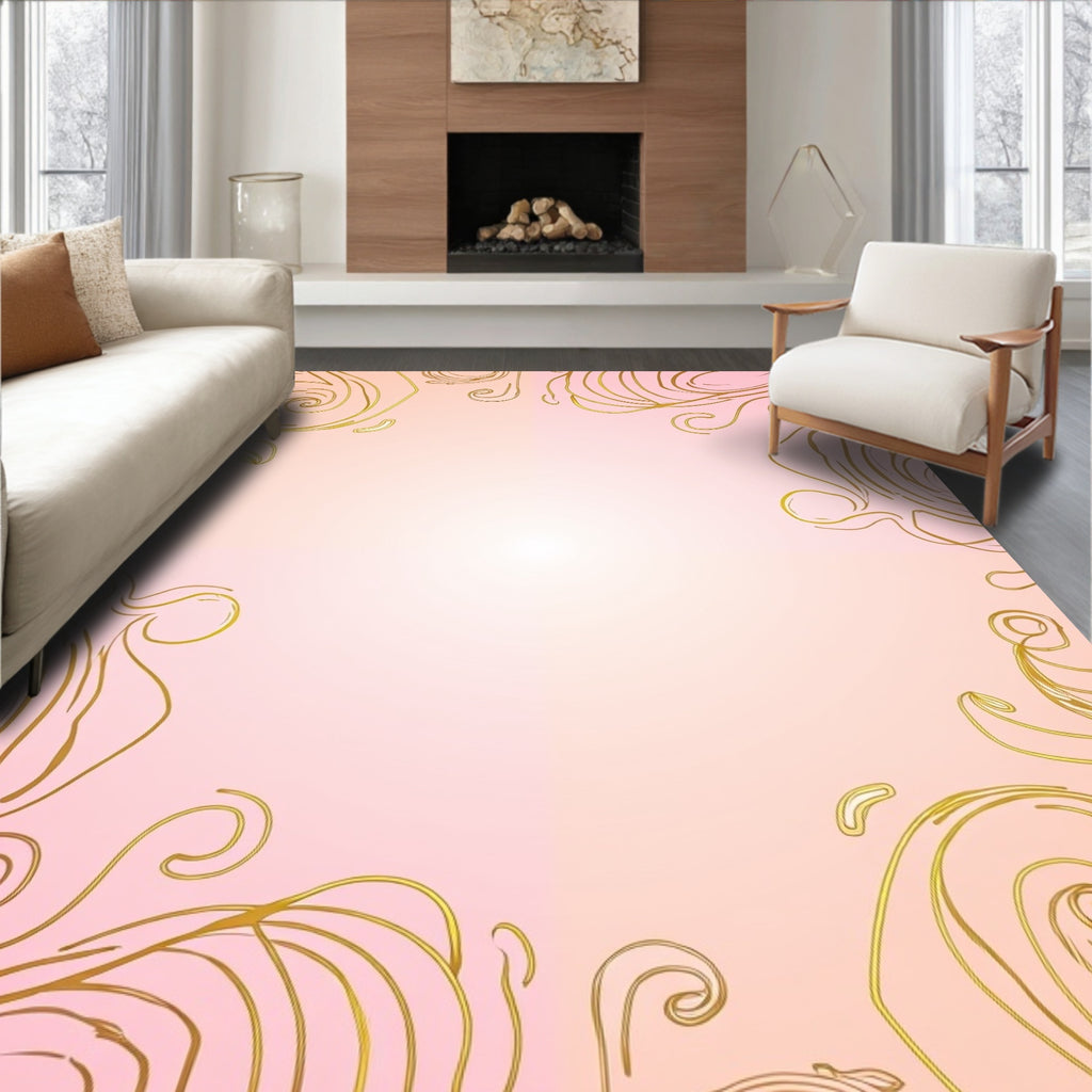 Elegant Gold Swirl Soft Rose Design Rug