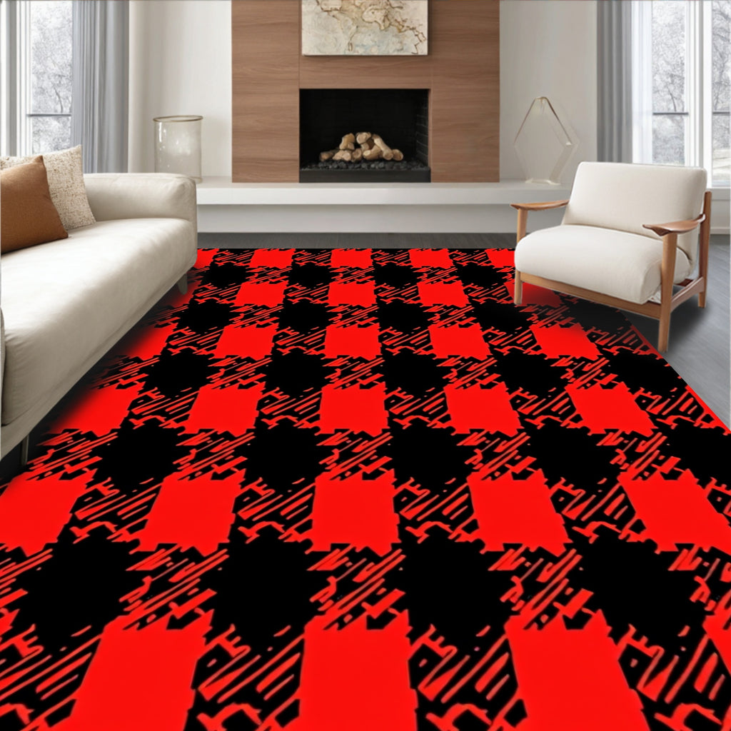 Bold Red And Black Plaid Design Rug