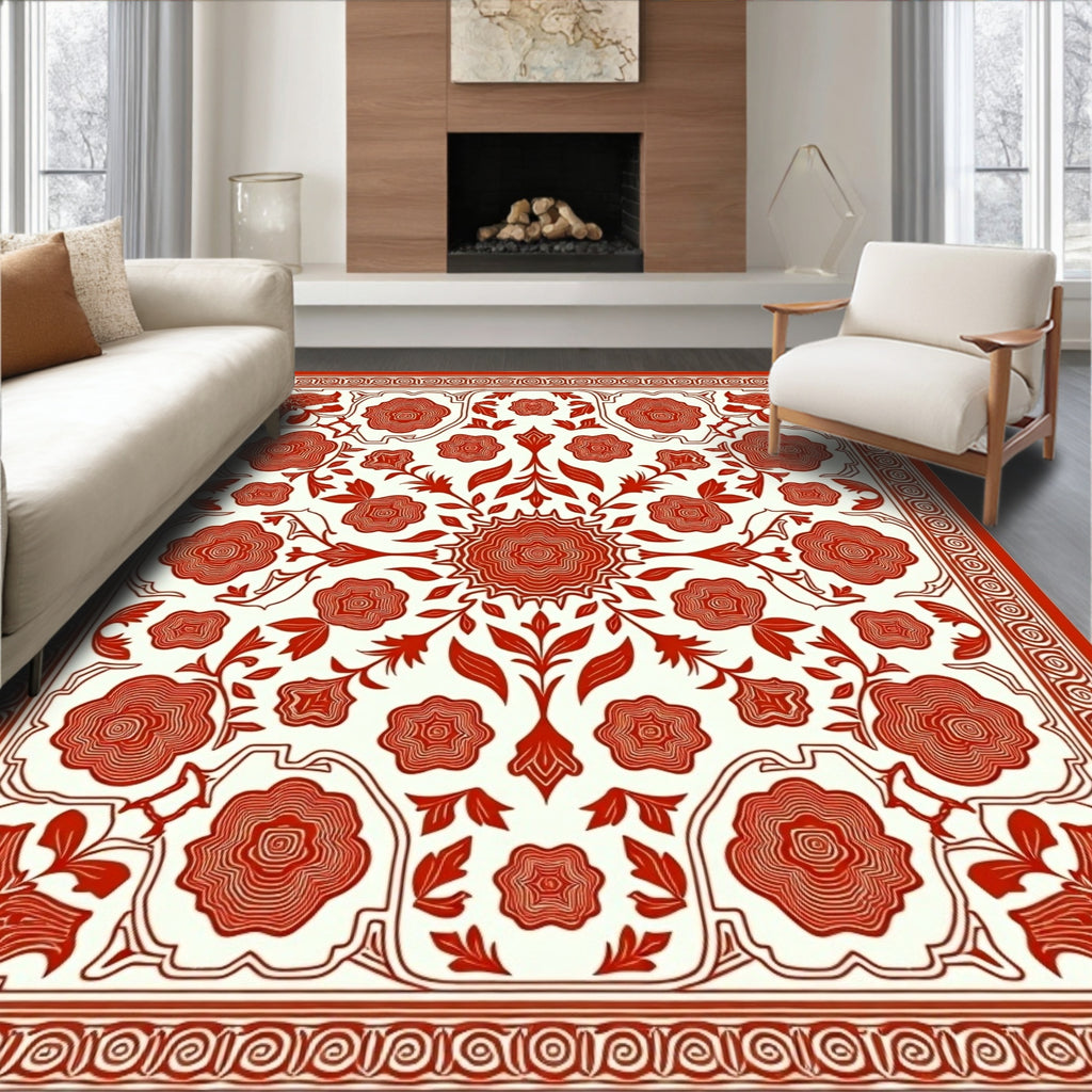 Vibrant Red Floral Medallion Border Rug