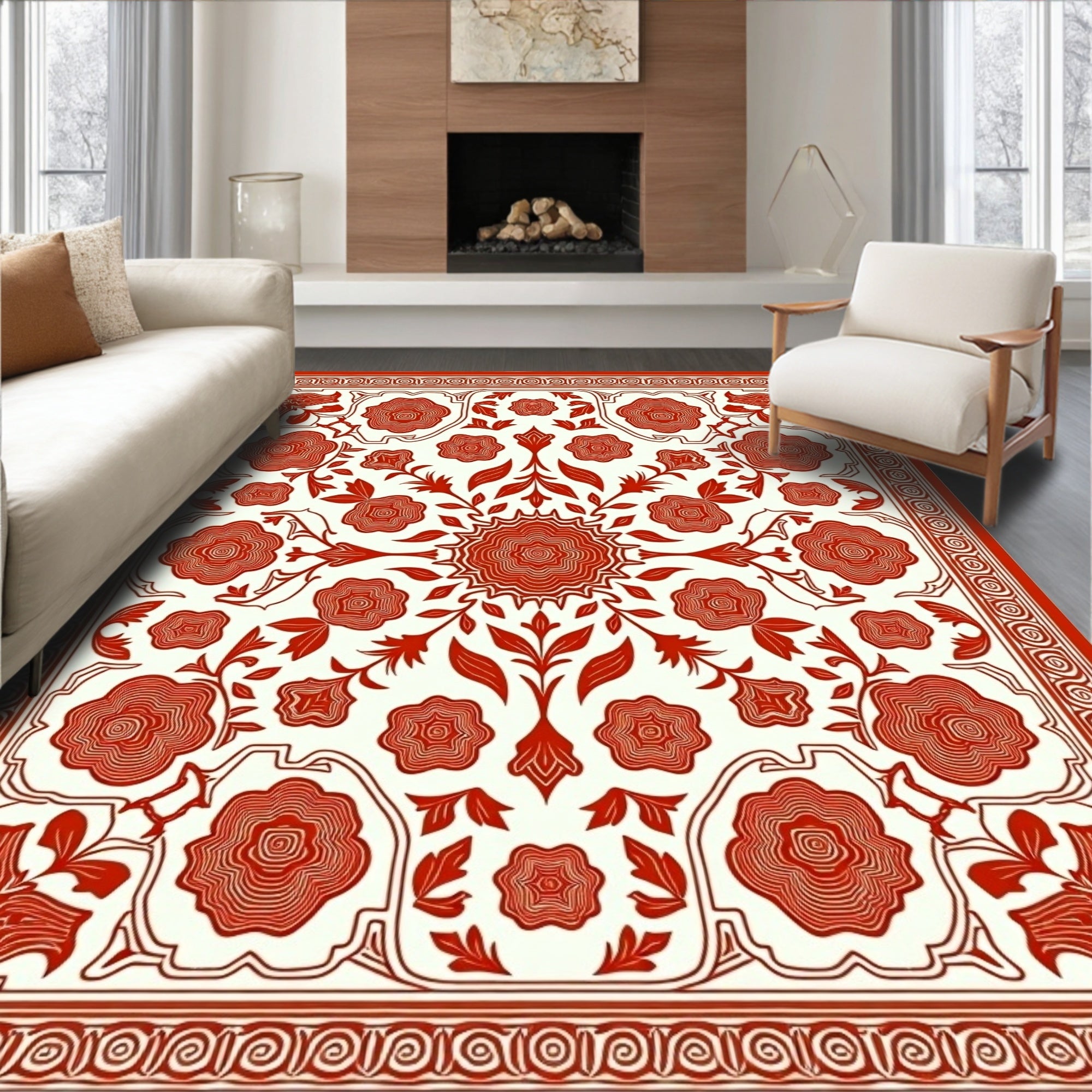 Vibrant Red Floral Medallion Border Rug