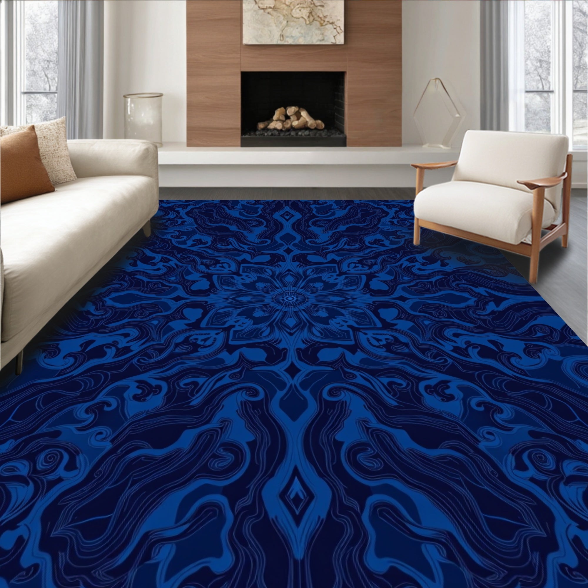 Deep Blue Symmetric Mandala Pattern Rug