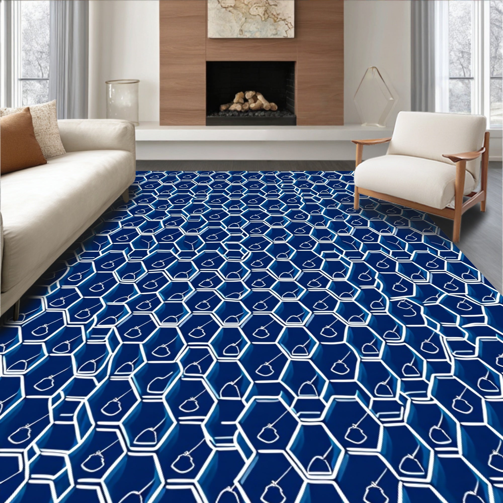 Abstract Hexagonal Blue Pattern Rug