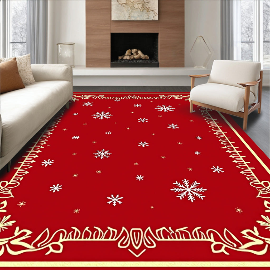 Red Snowflake Scroll Border Design Rug
