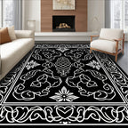 Black White Intricate Floral Scroll Rug