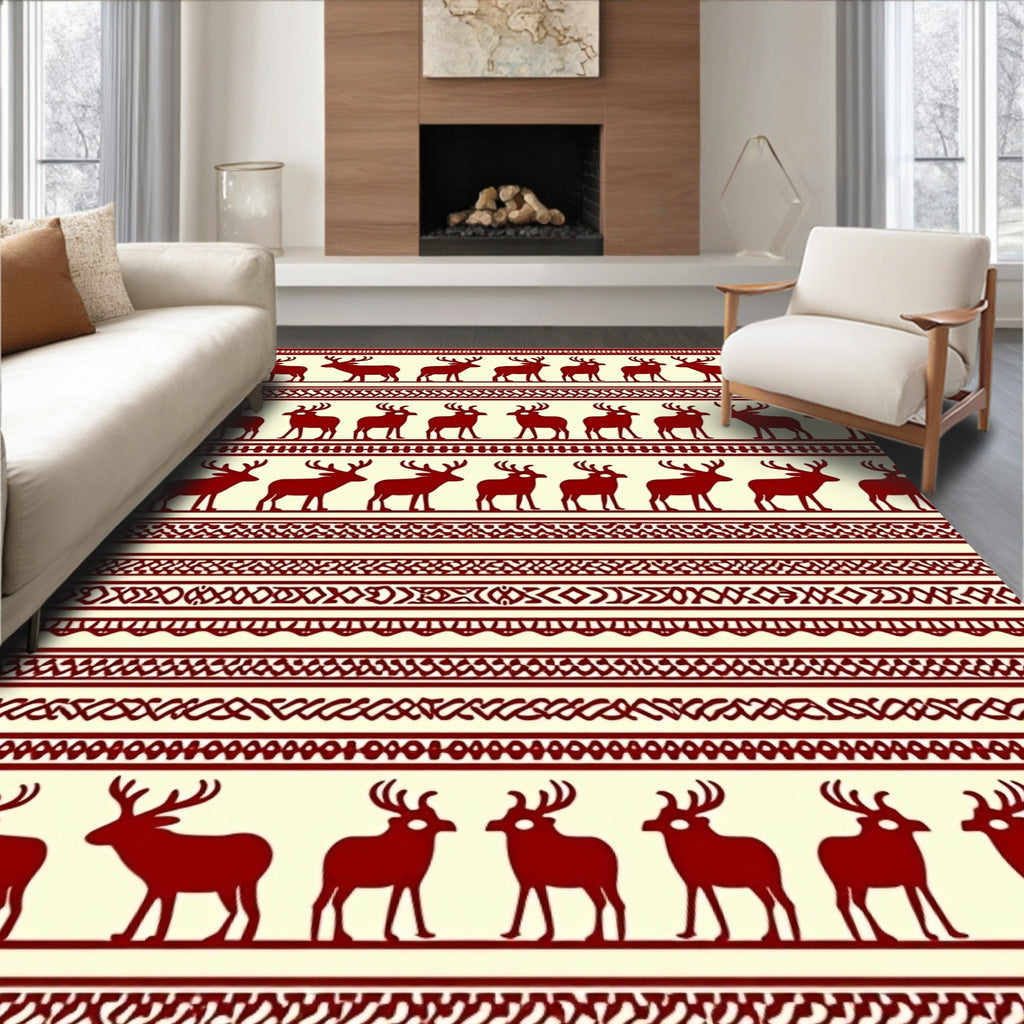 Deep Red Deer Patterned Ethnic Rug