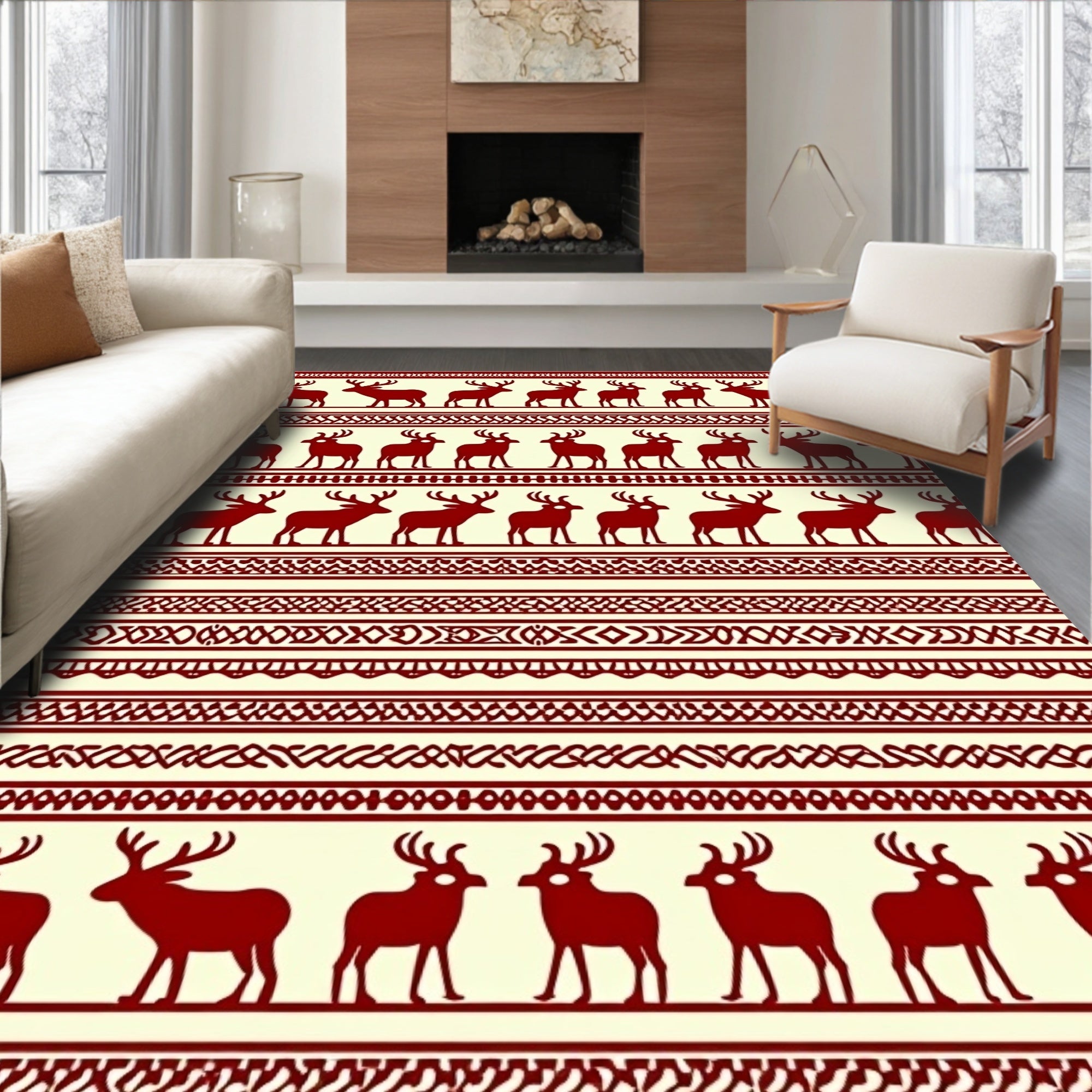 Deep Red Deer Patterned Ethnic Rug