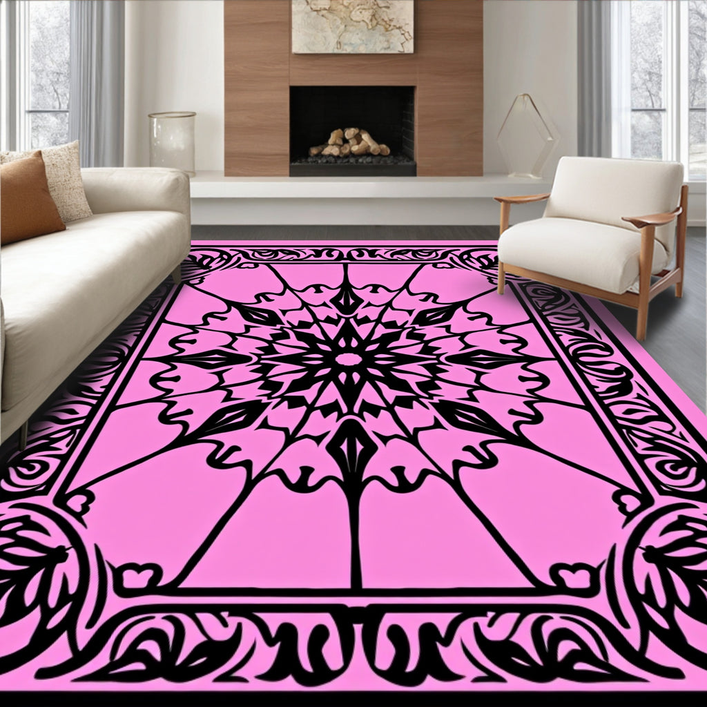 Black Mandala Floral Pattern Rug