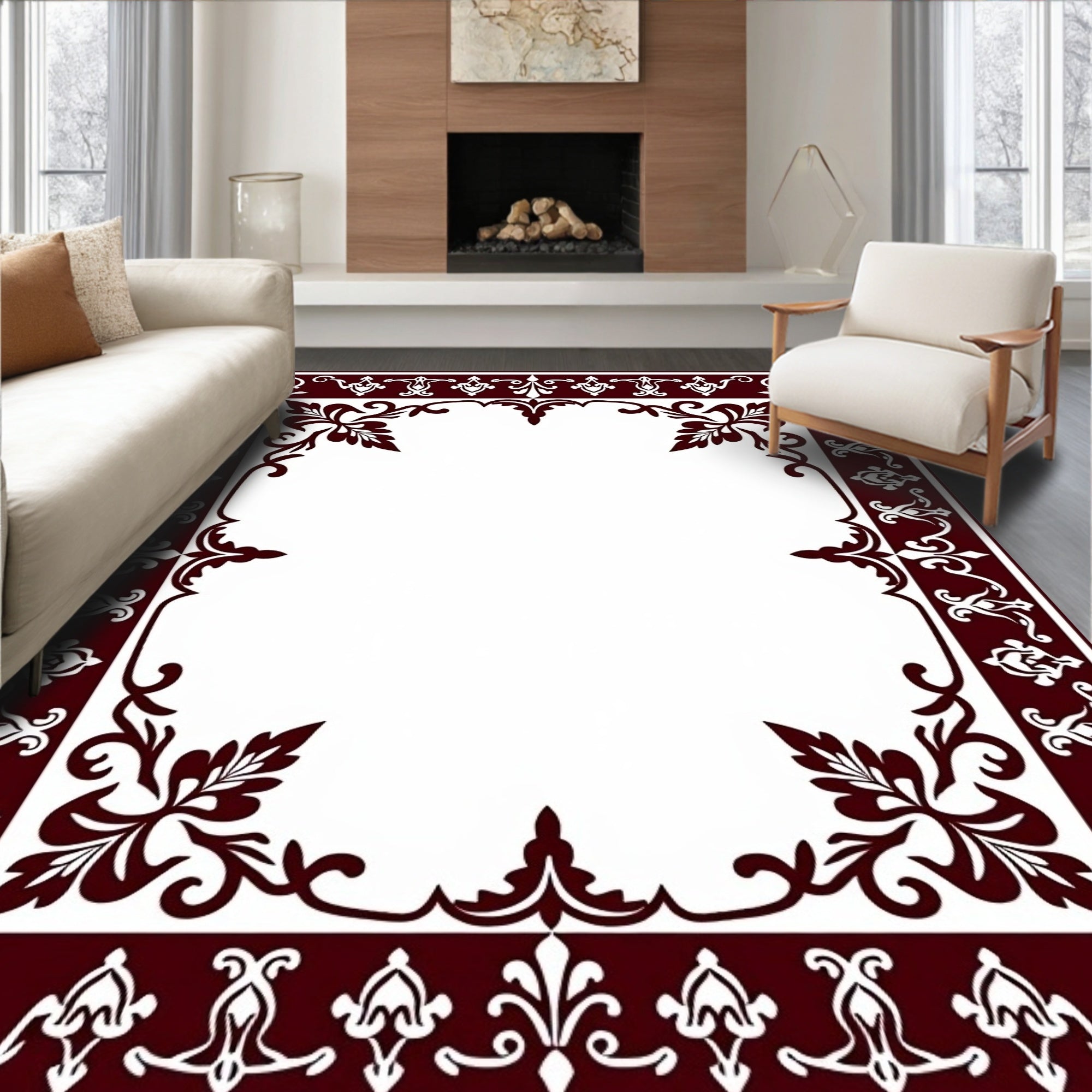 Rich Dark Red Ornate Scroll Border Rug