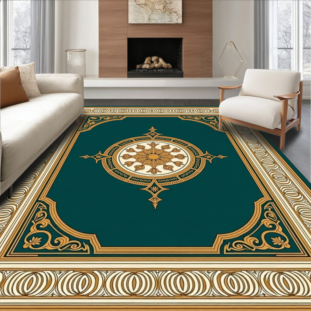 Ornate Teal Gold Mandala Medallion Rug