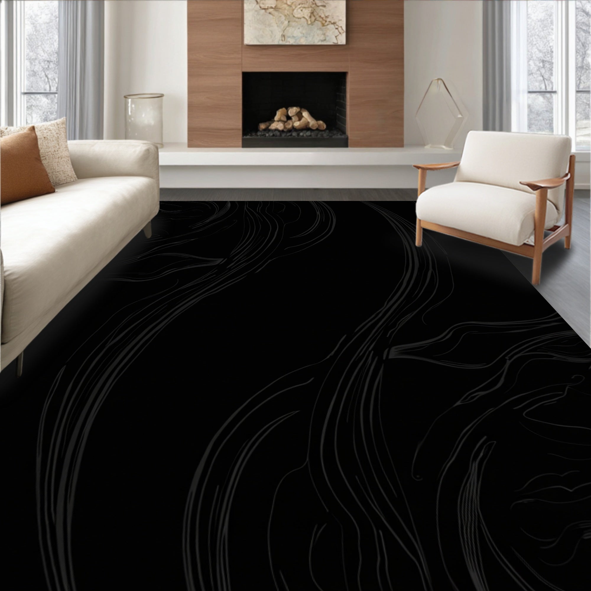 Elegant Black Swirl Art Design Rug