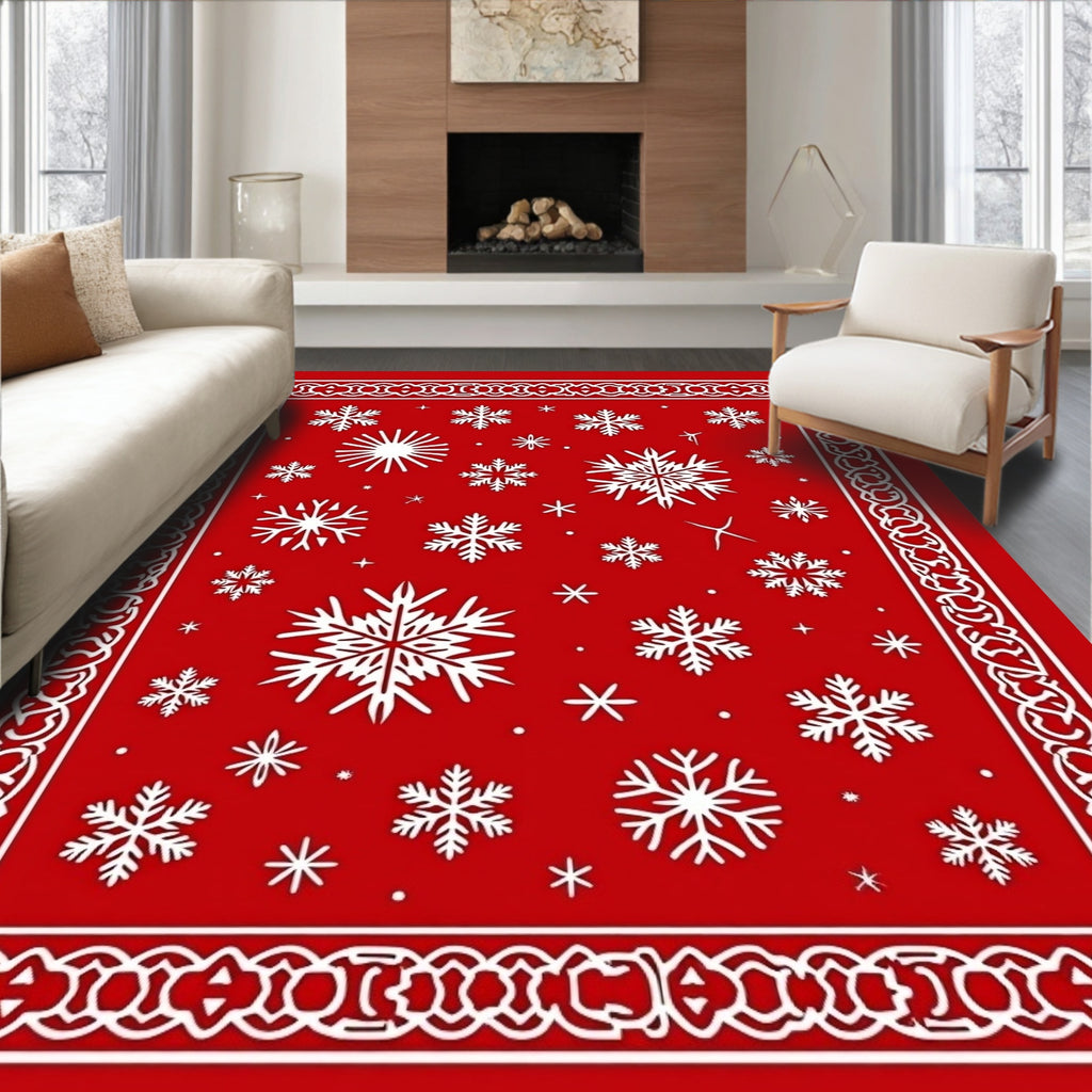 Red Snowflakes Bordered Winter Design Rug
