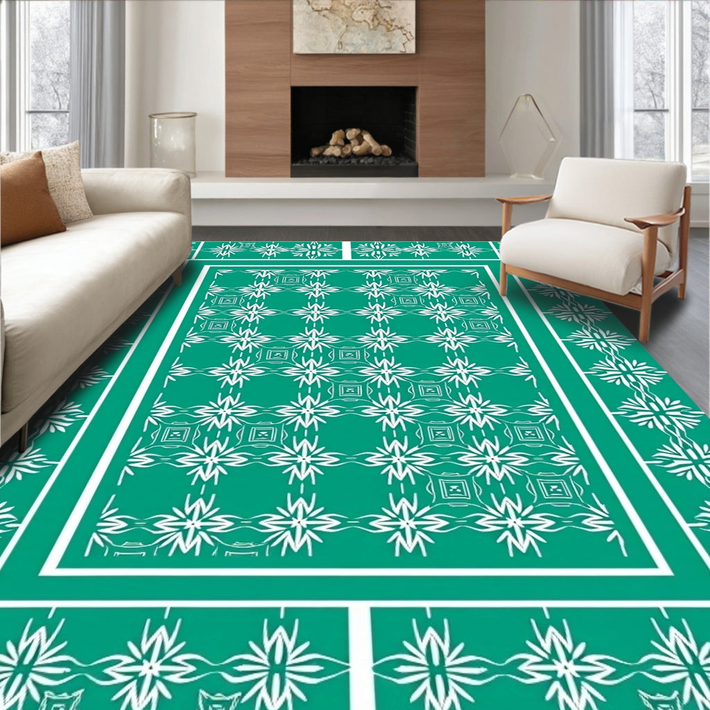 Green White Floral Geometric Pattern Rug
