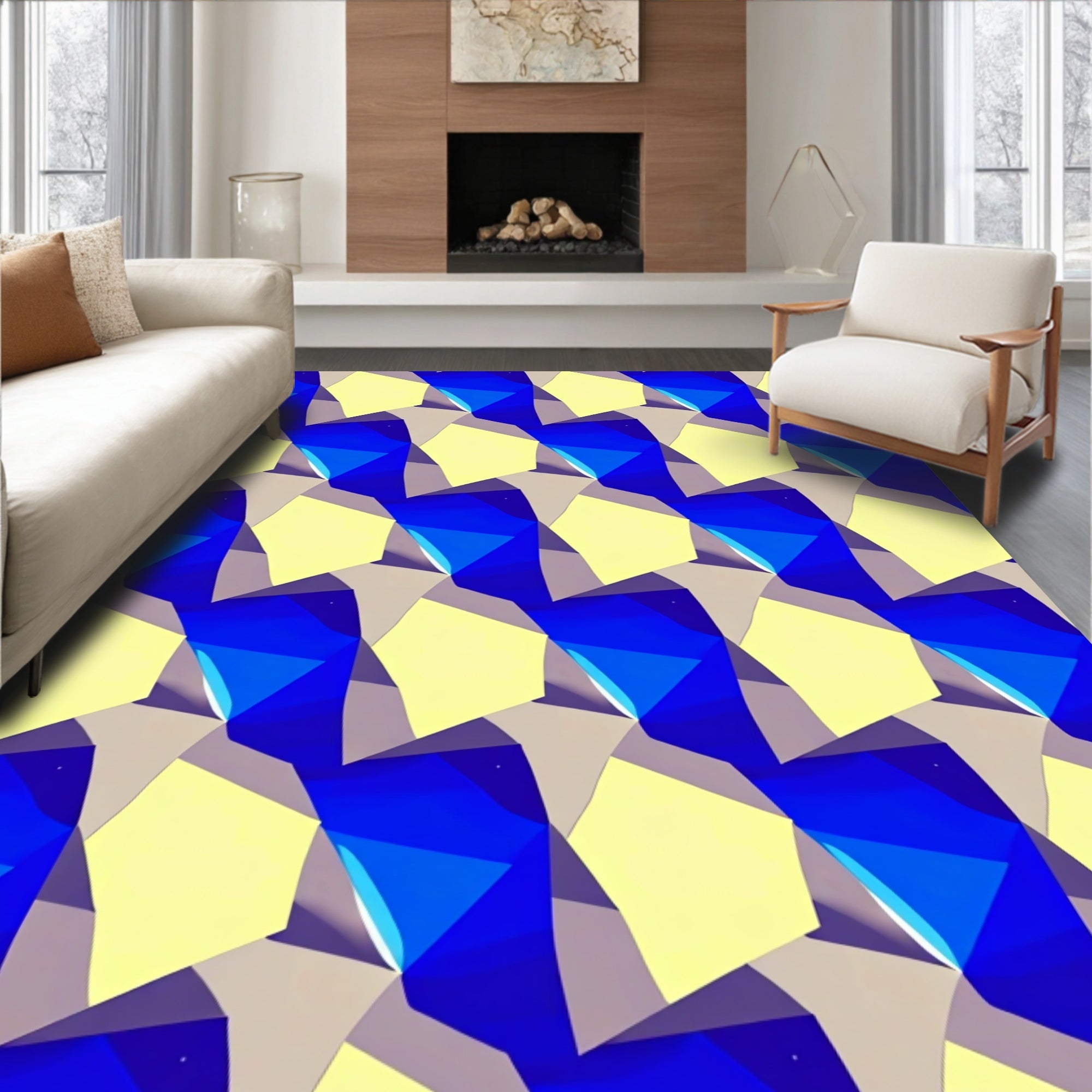 Geometric Blue Yellow Pattern Design Rug