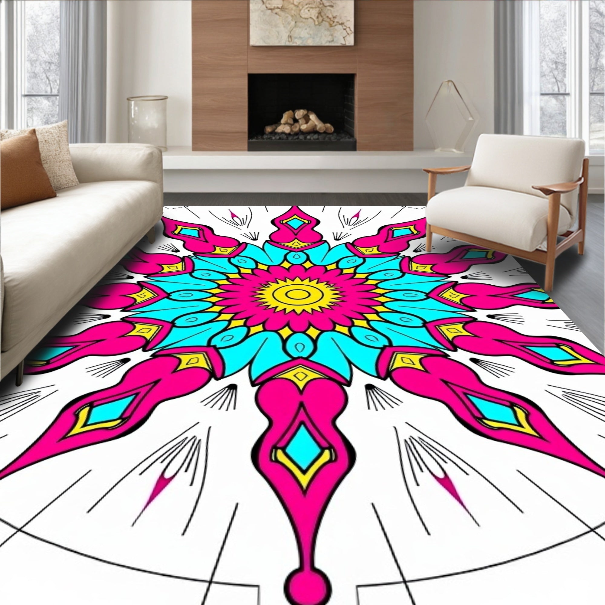 Vibrant Geometric Starburst Mandala Design Rug