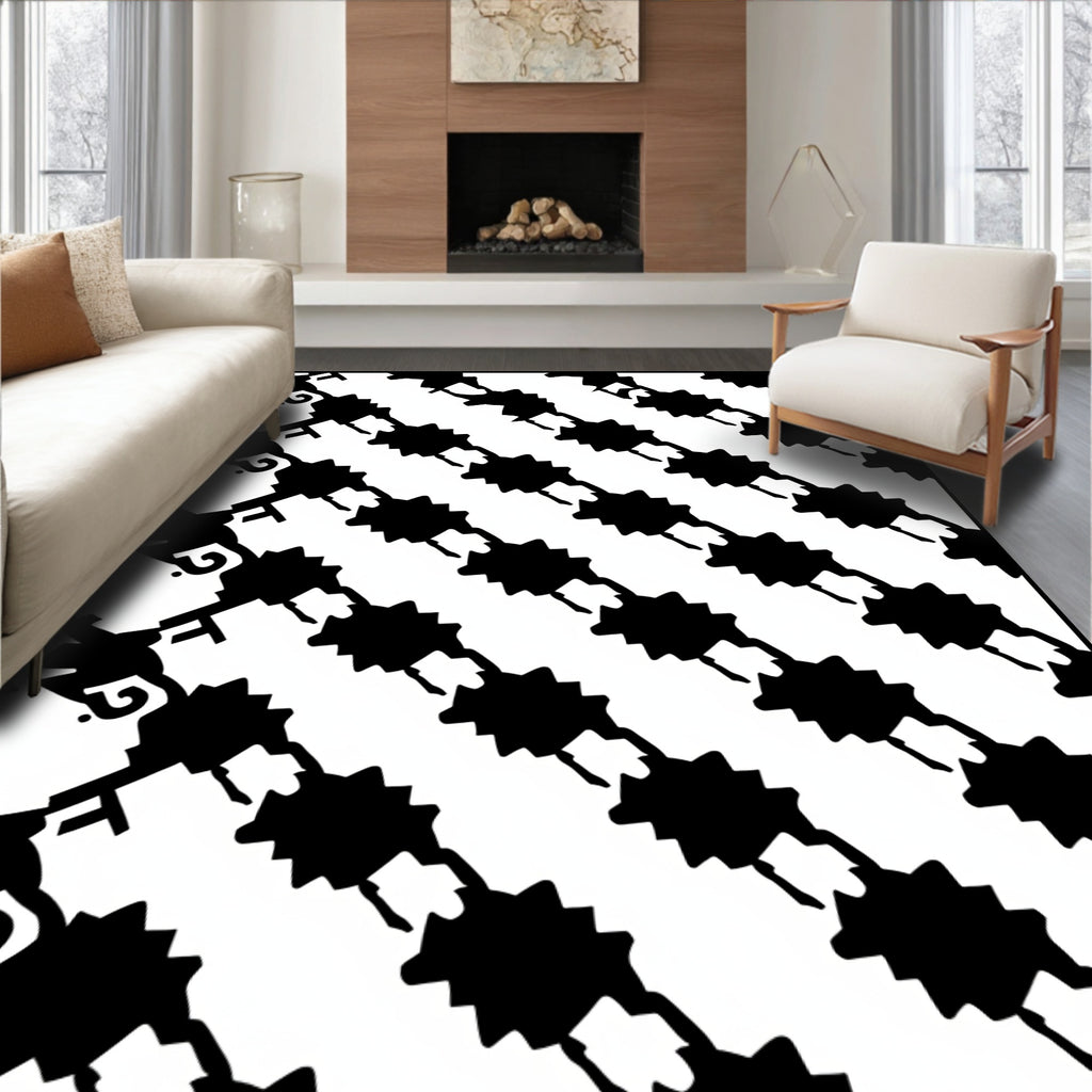 Black White Diagonal Starburst Chain Rug