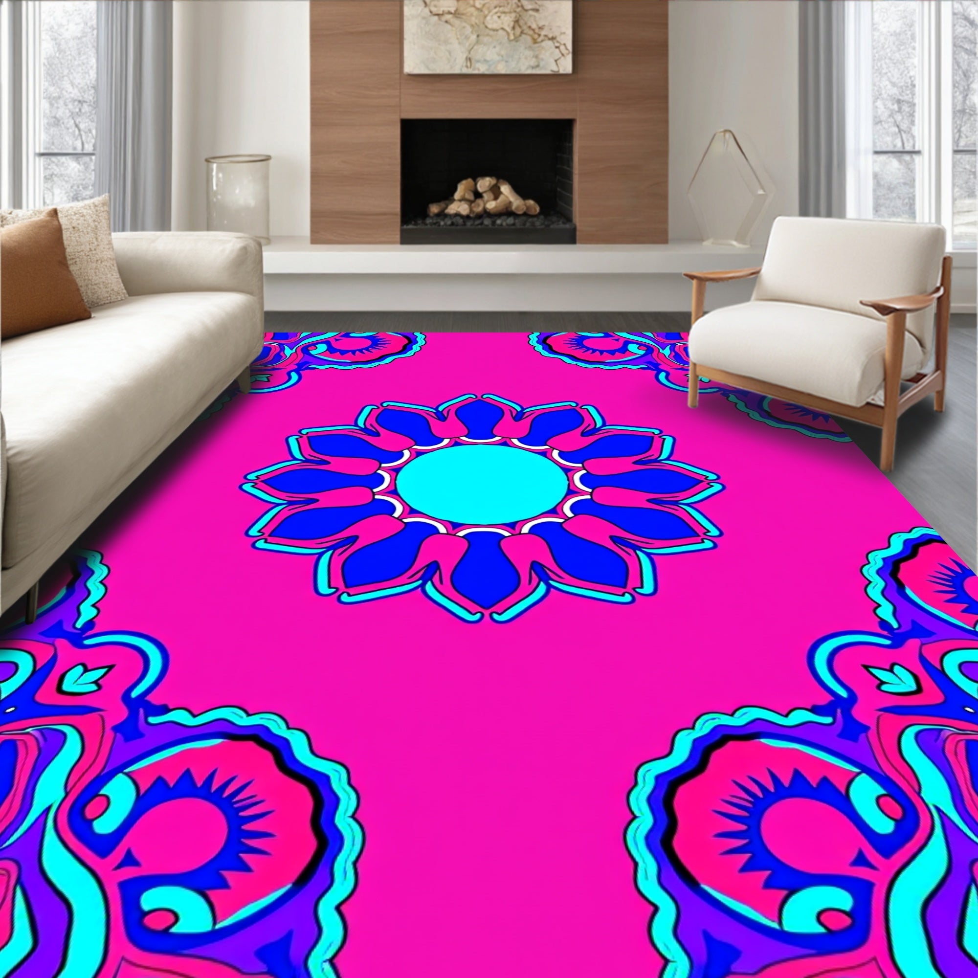 Vibrant Floral Pattern Mandala Design Rug