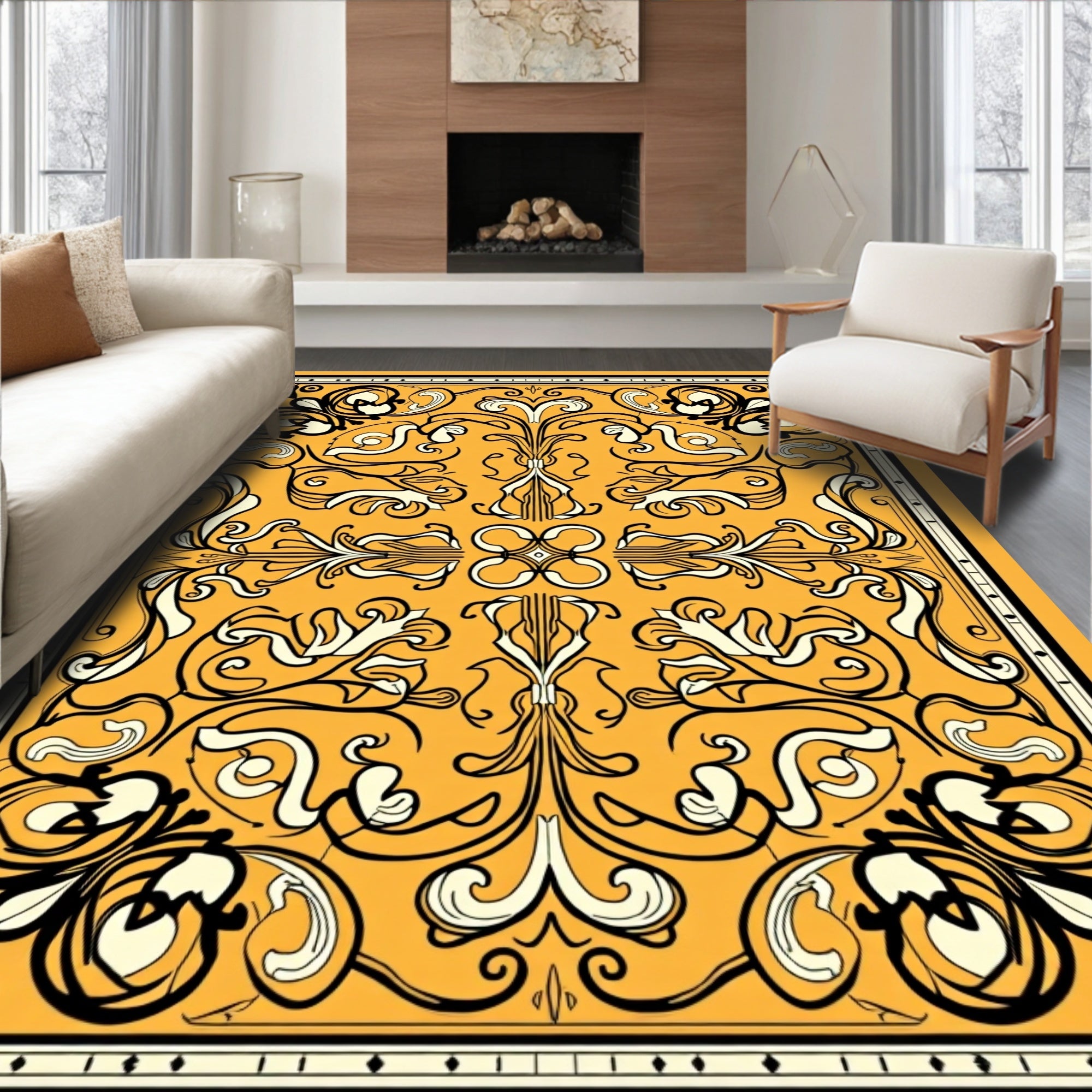 Retro Floral Swirls Ivory Design Rug