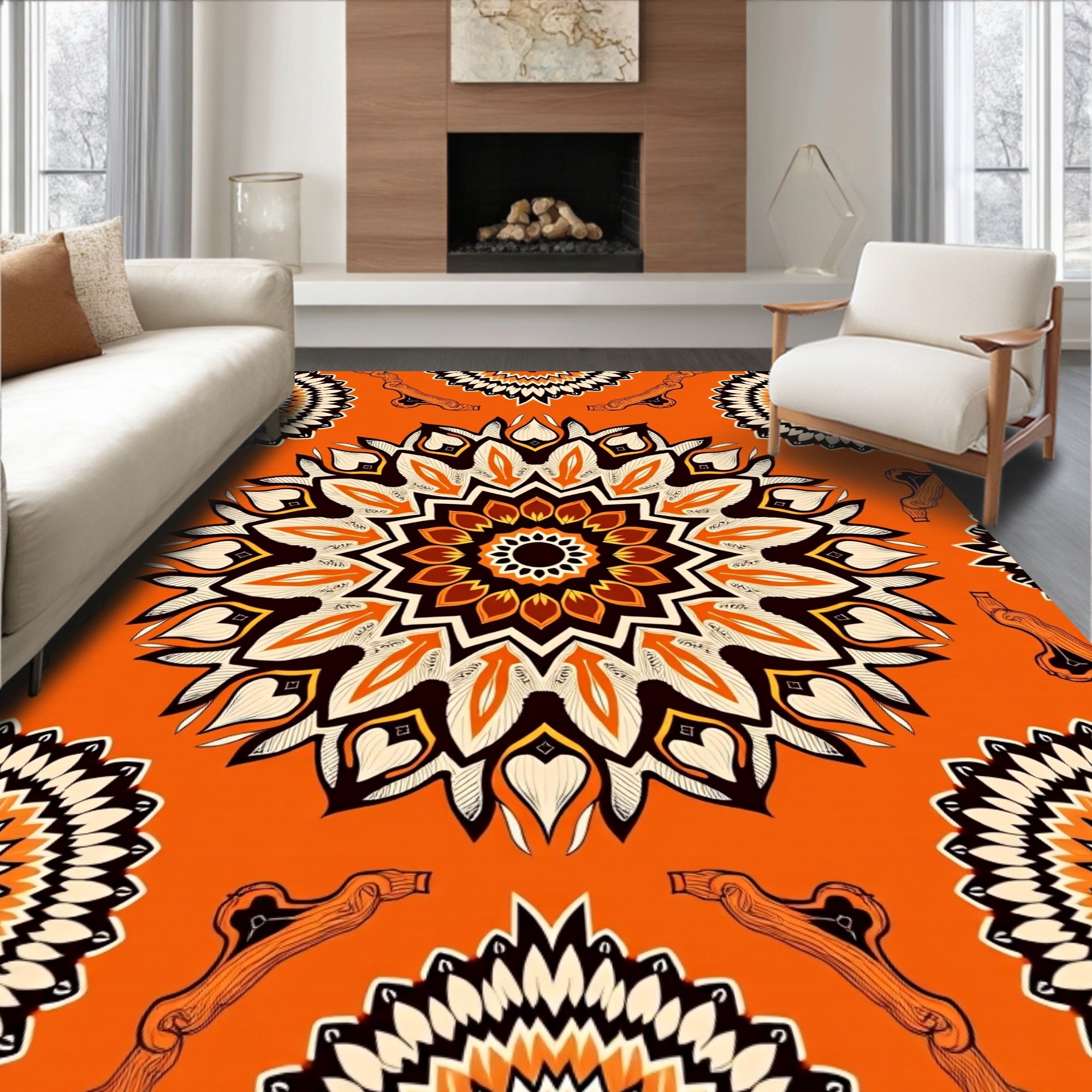 Orange Mandala Style Floral Pattern Rug