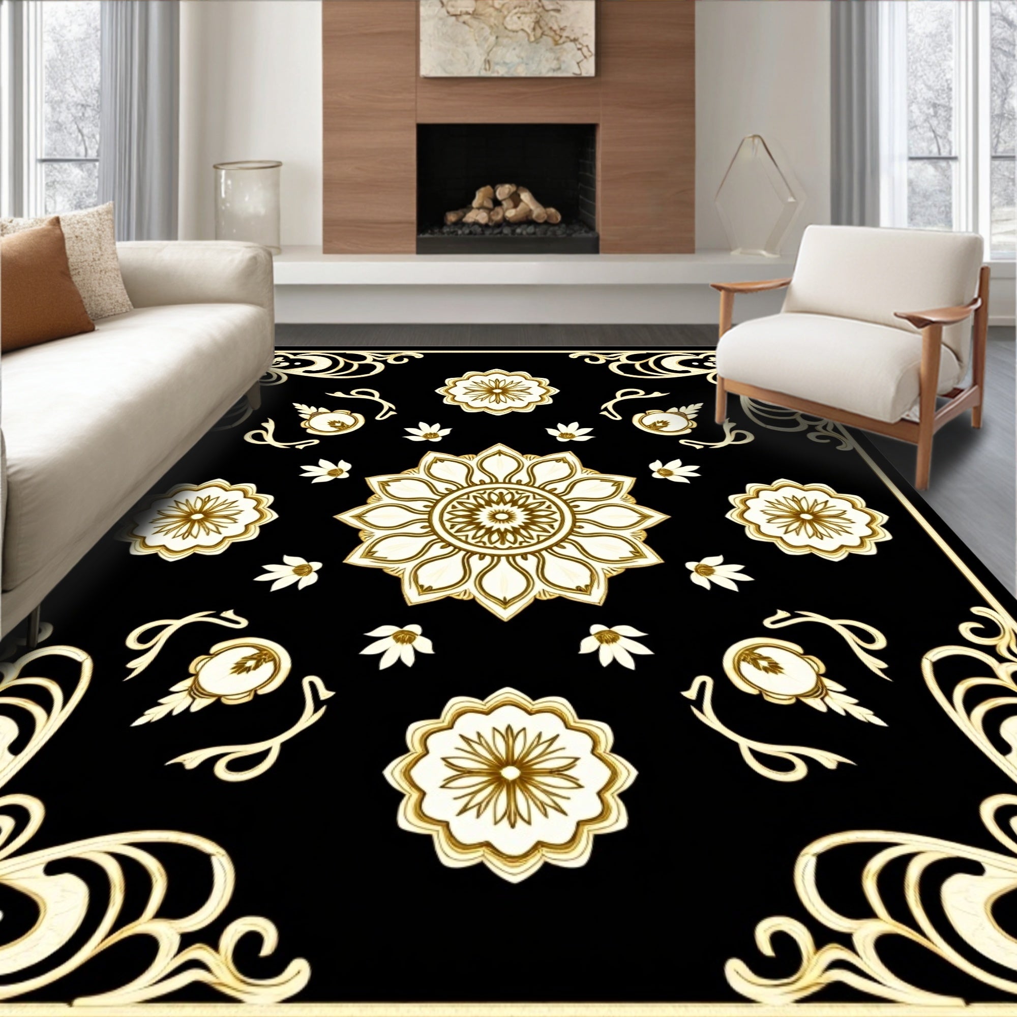 Ornate Black Gold Floral Pattern Rug