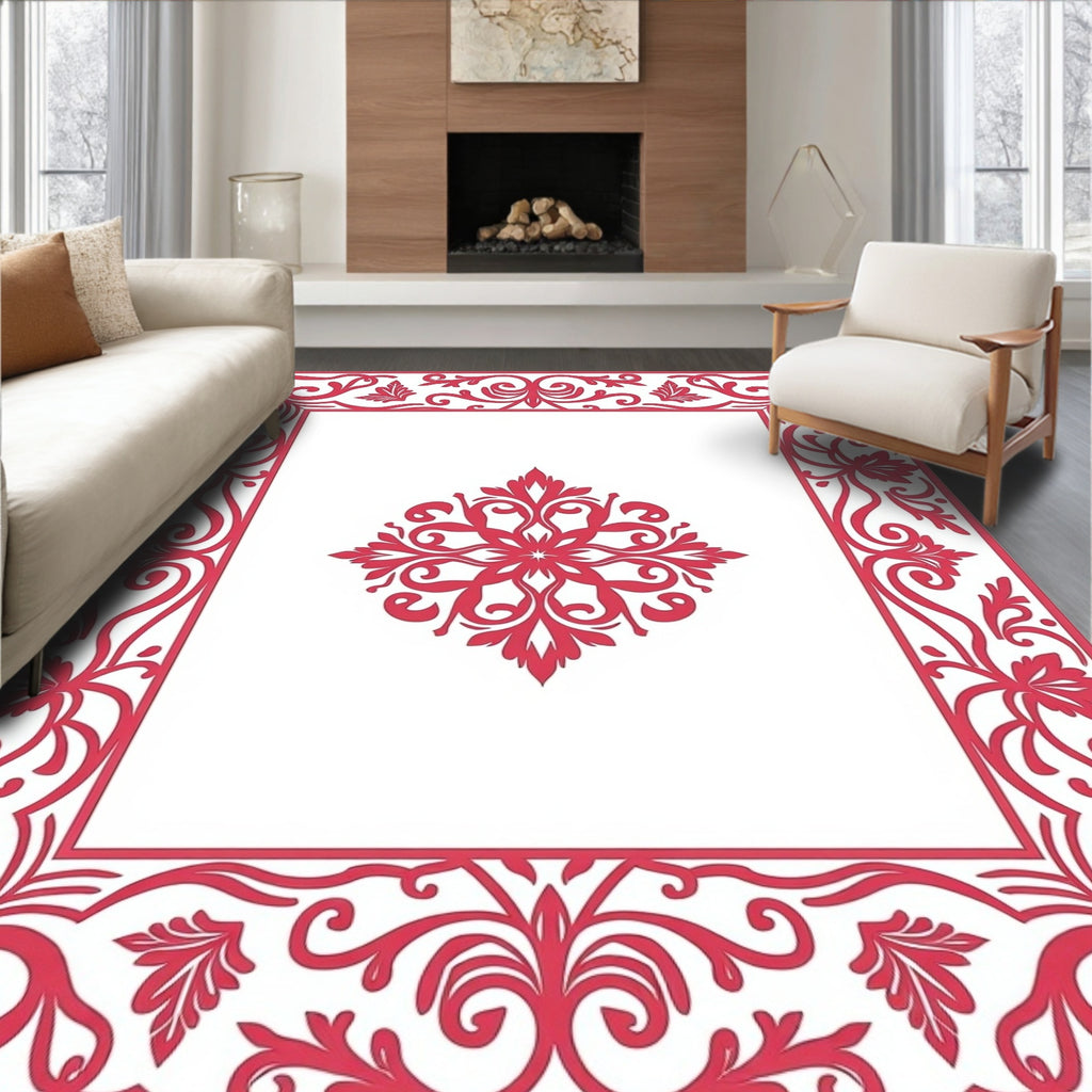 Red Floral Scrollwork Frame Design Rug