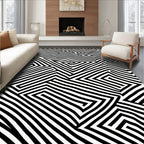 Black White Parallel Line Maze Design Rug